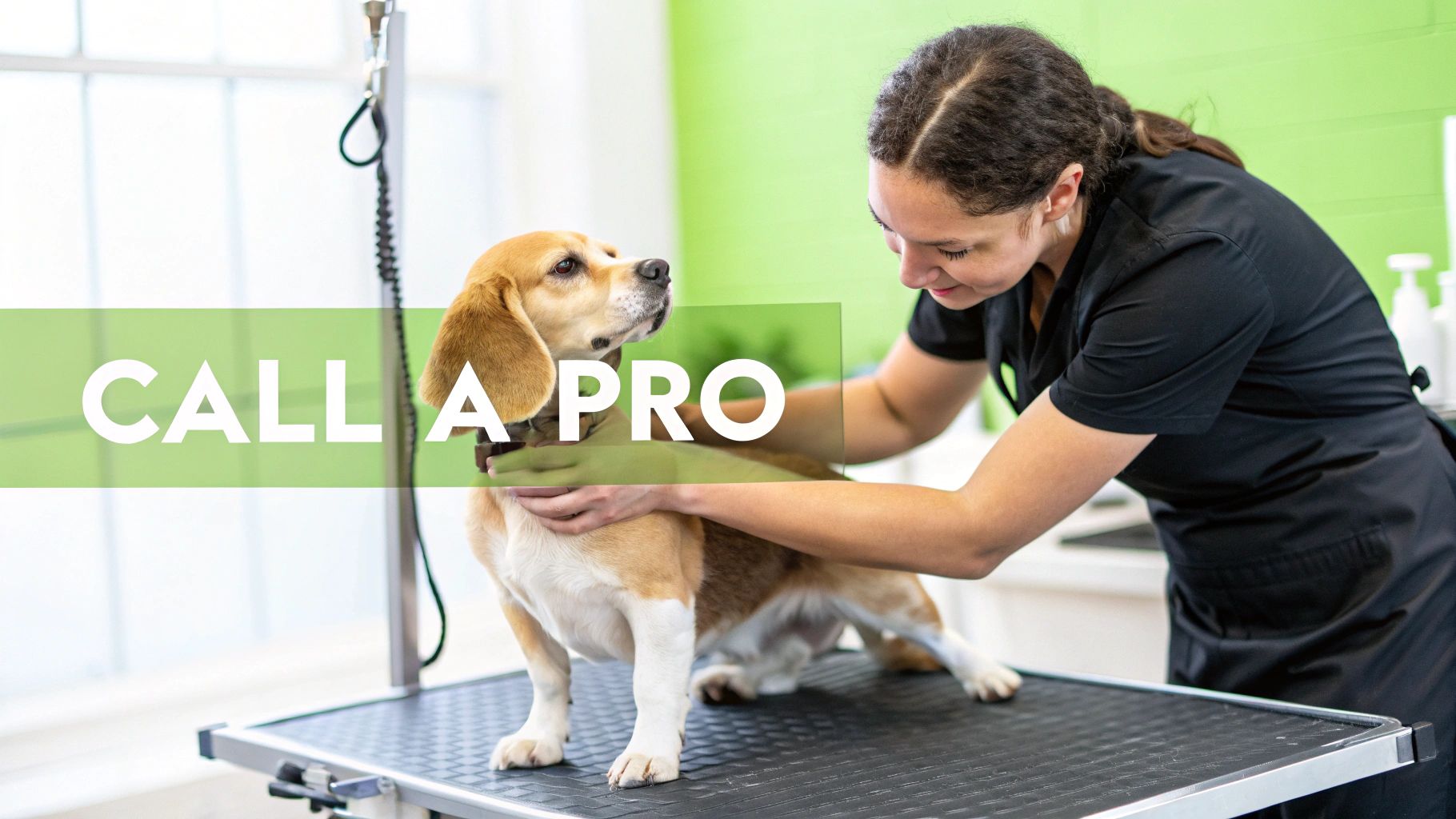 A professional dog groomer gently caring for a beagle on a grooming table in a bright salon.