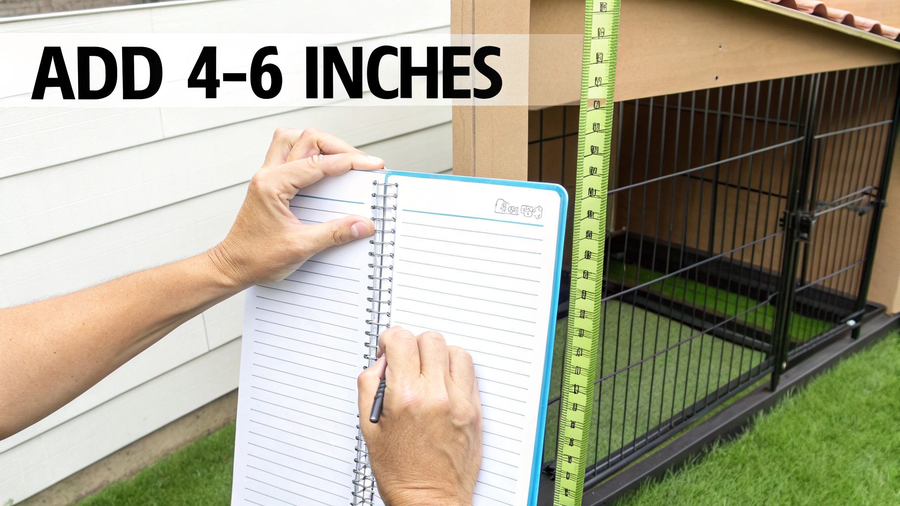 Hands writing in a notebook next to a dog kennel and a measuring tape, with text 'ADD 4-6 INCHES'.