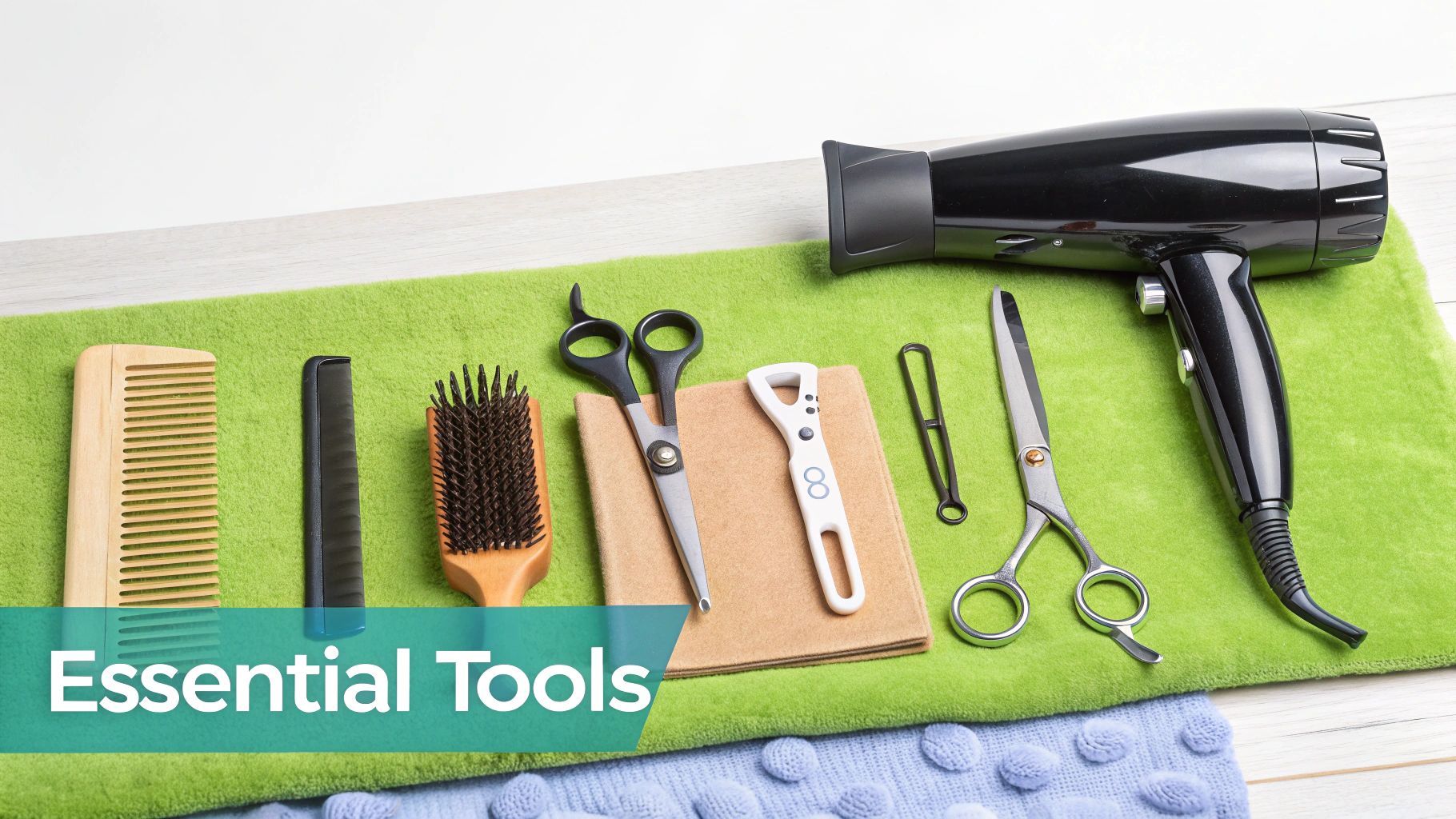 A collection of essential hair care and grooming tools, including combs, brushes, scissors, and a hairdryer, on a green towel.