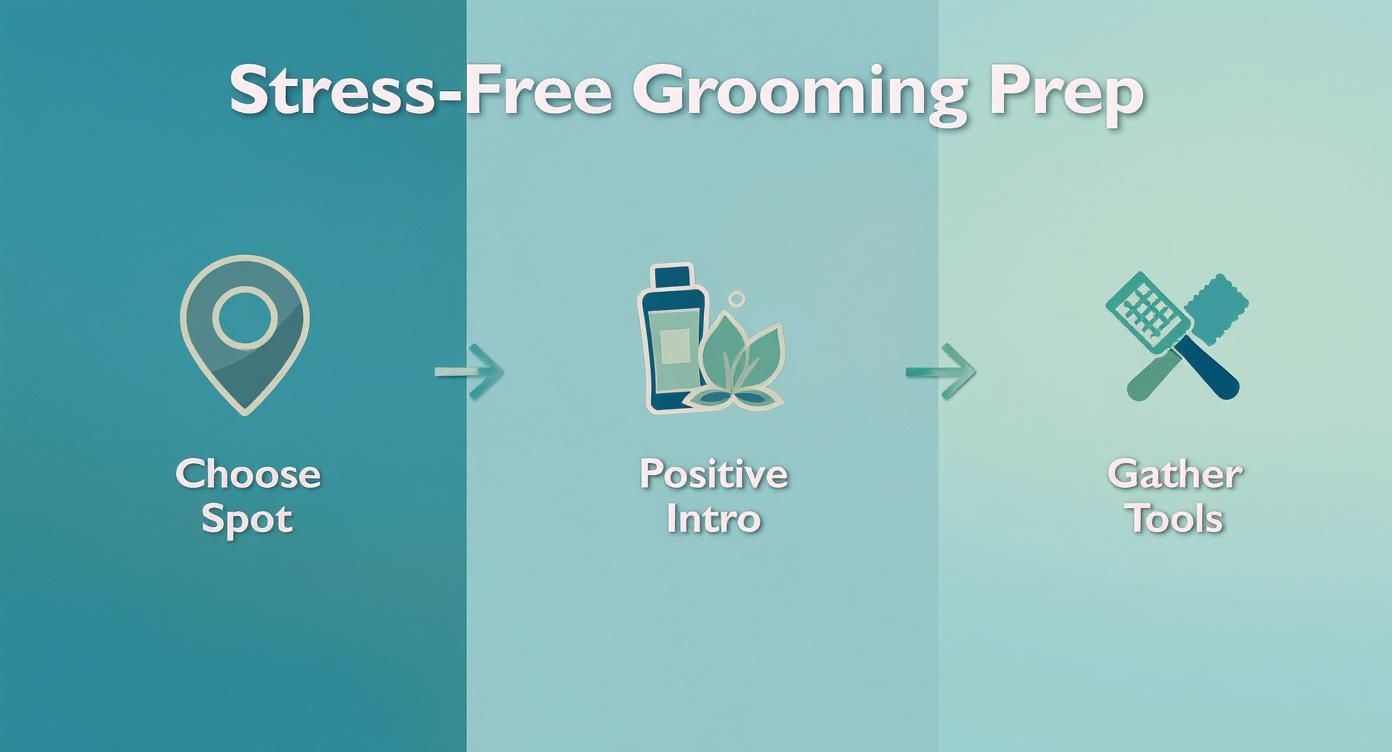 A step-by-step guide for stress-free dog grooming preparation, showing choosing a spot, positive introduction, and gathering tools.