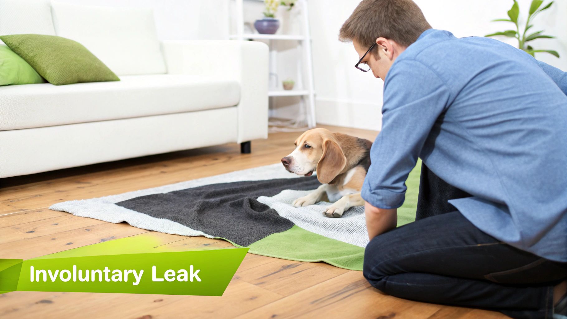 A man kneels beside a beagle dog lying on a blanket, addressing an involuntary leak.