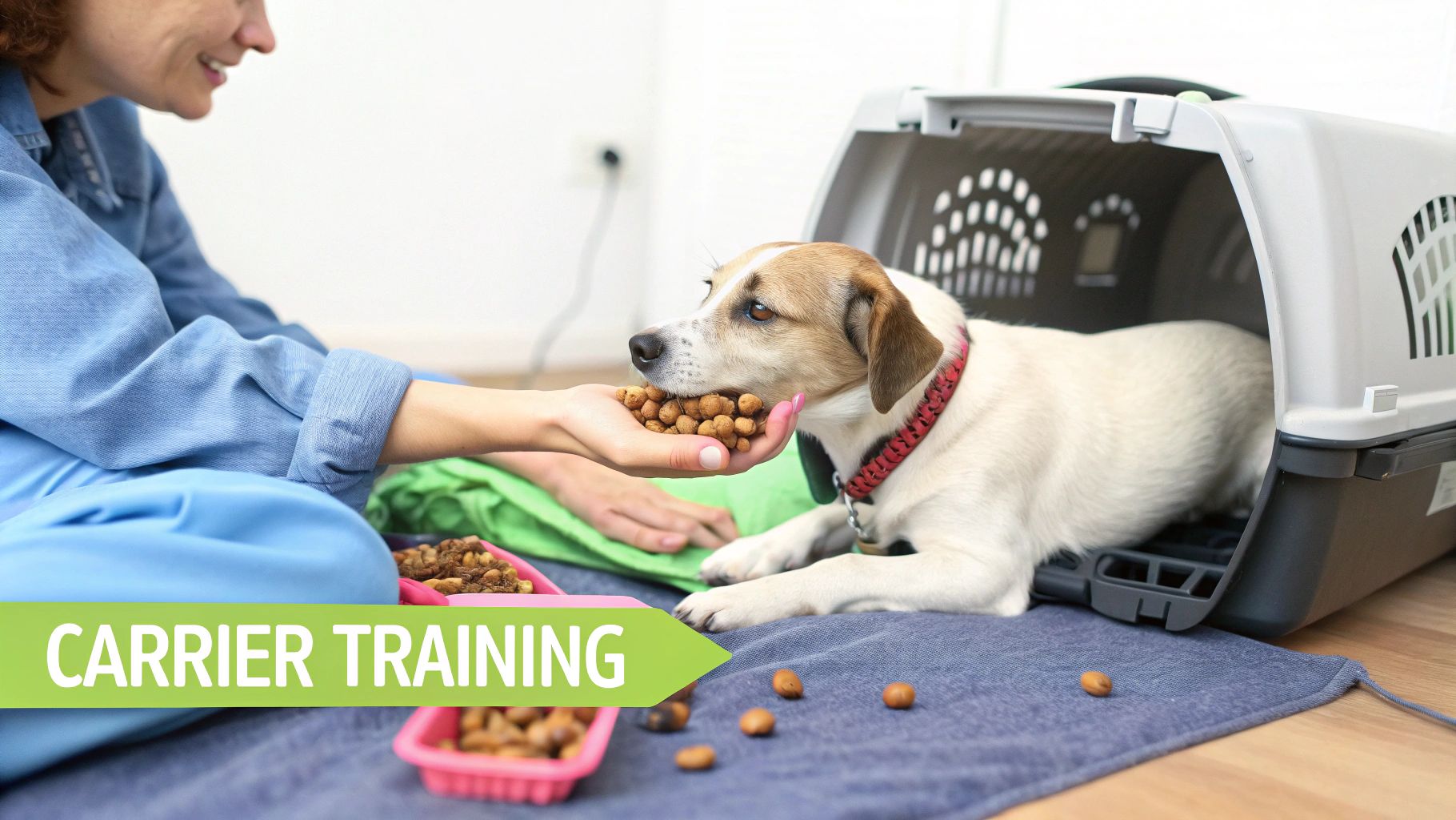 A smiling woman feeds a dog treats as it relaxes inside an open pet carrier during training.