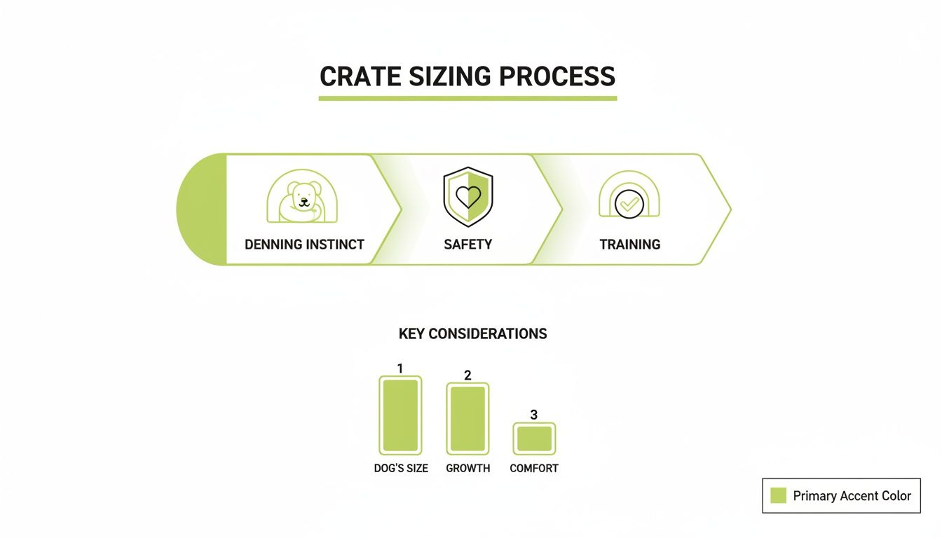 Infographic outlining the dog crate sizing process, including denning instinct, safety, training, dog's size, growth, and comfort.