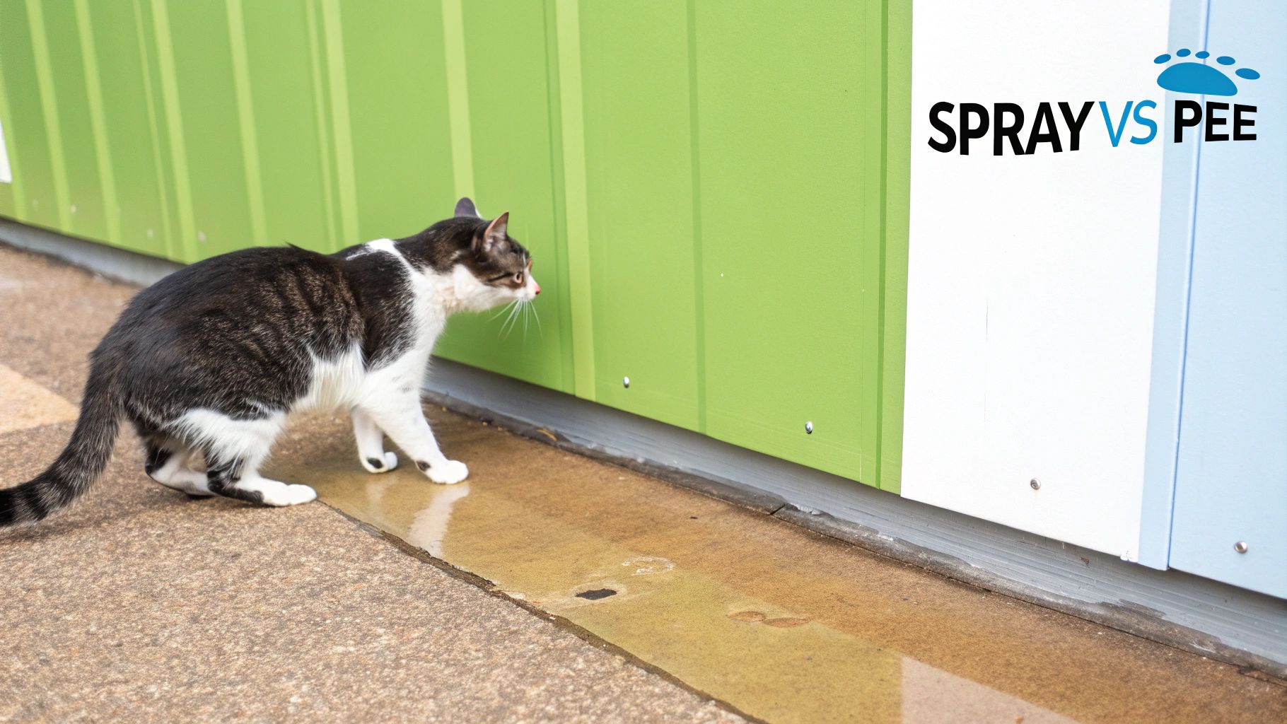 A black and white cat walks on wet ground next to a green wall, with a 'Spray vs Pee' logo.