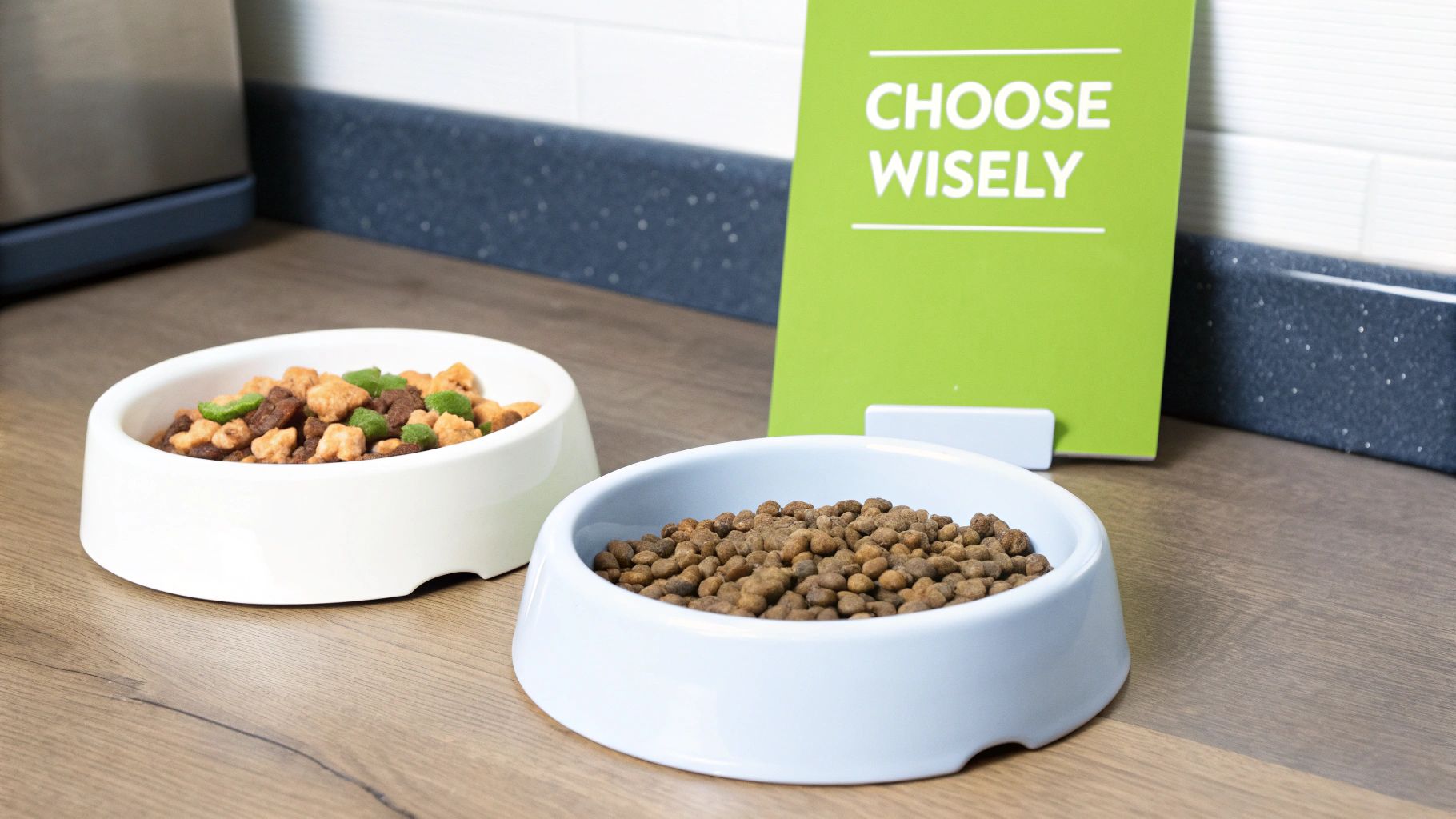 Two pet food bowls on a wooden counter, one with mixed food and another with kibble, near a 'CHOOSE WISEly' sign.