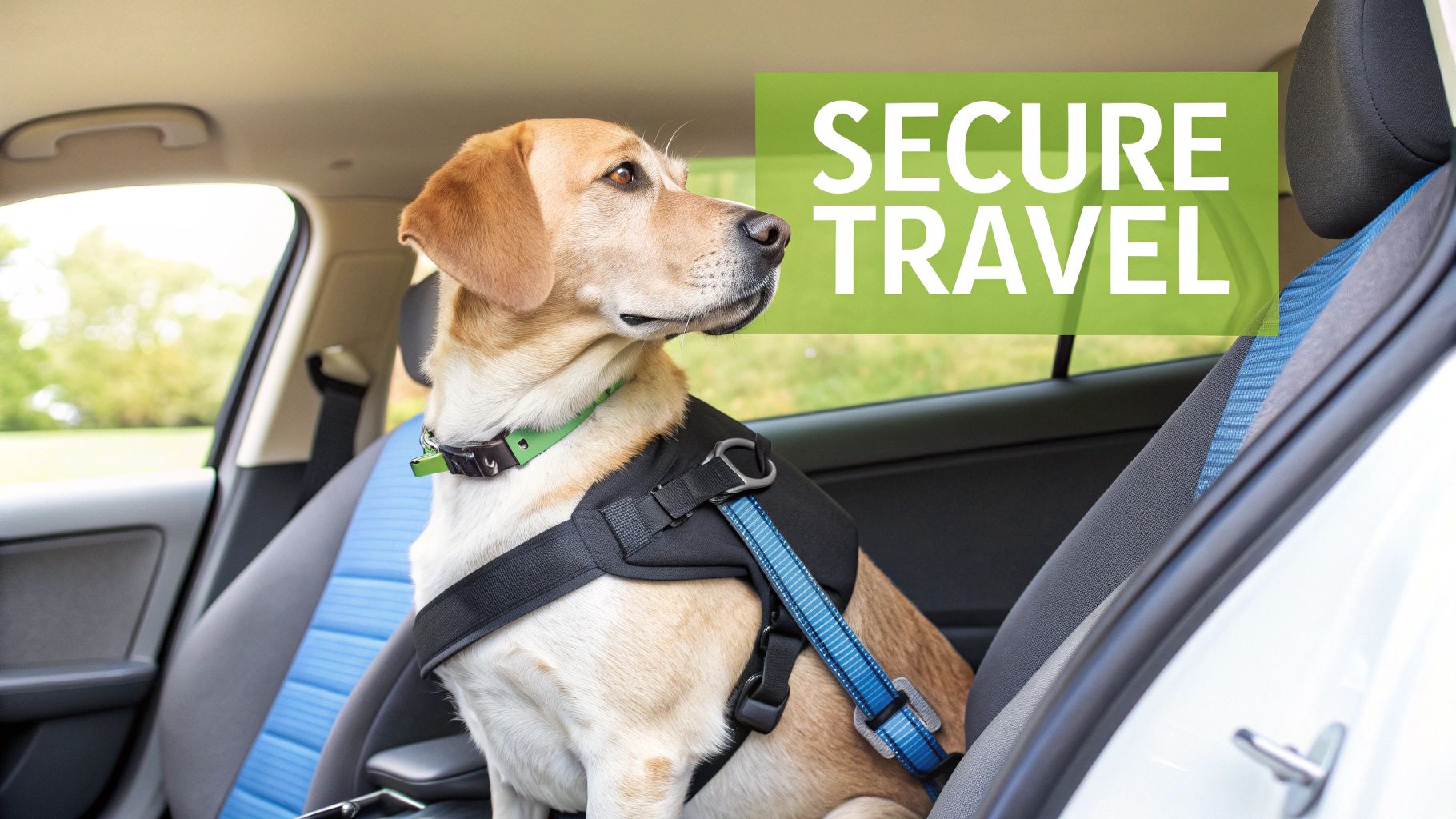 A dog with a harness attached to a seatbelt, promoting secure travel in a car.
