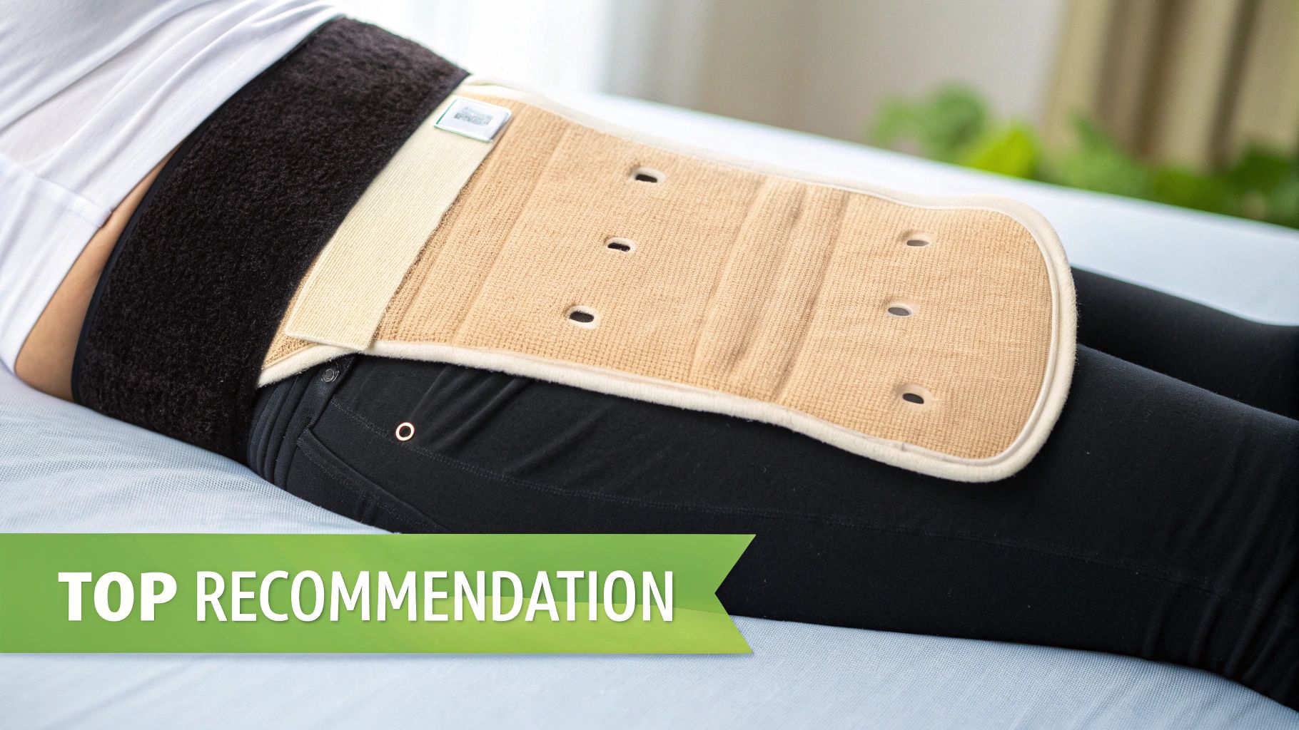 A person lies on their side with a beige hip and upper thigh compression wrap, featuring ventilation holes.
