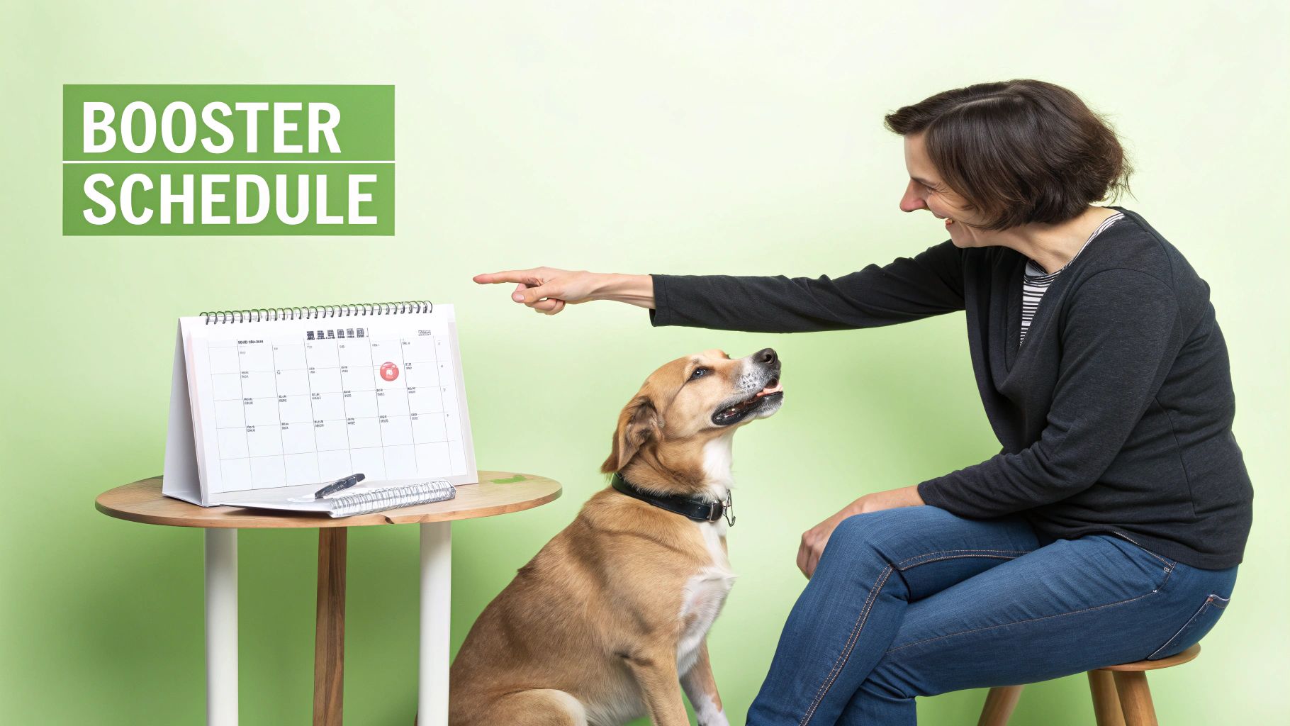 A woman and her dog look at a calendar with "BOOSTER SCHEDULE" on a green wall.