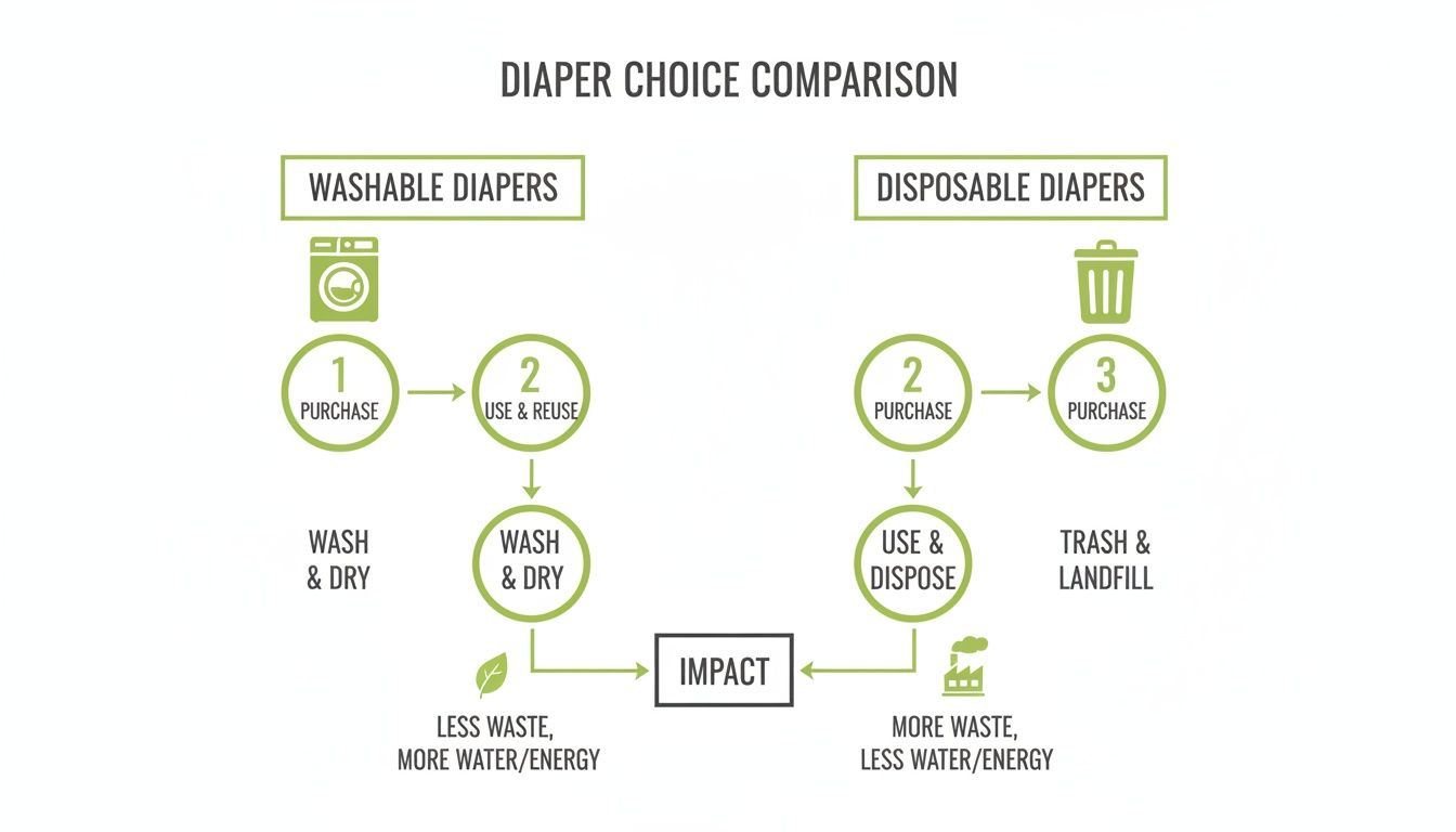 Flowchart comparing the environmental impact of washable and disposable diaper choices on waste, water, and energy.