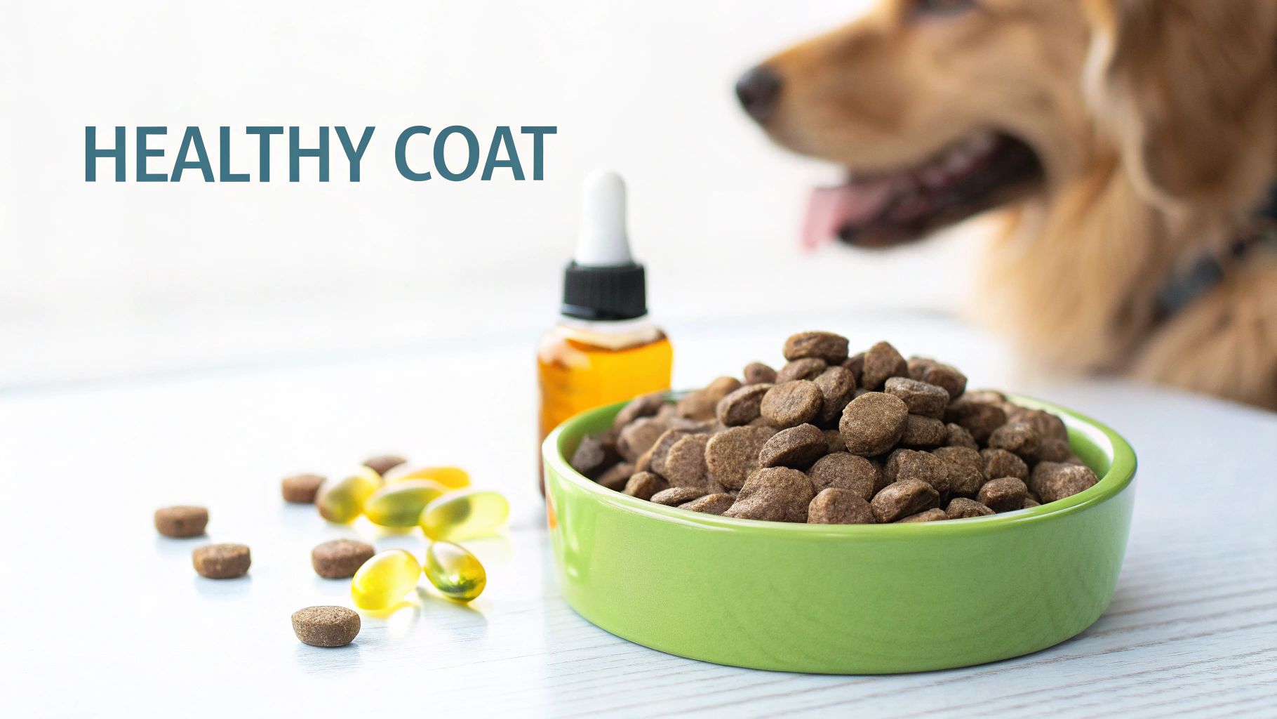 Dog food, supplements, and oil for a healthy coat with a blurry dog in the background.