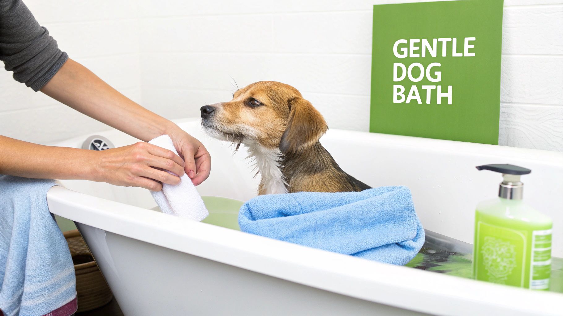 A person gently bathes a small, wet dog in a white bathtub, with a green sign in the background.