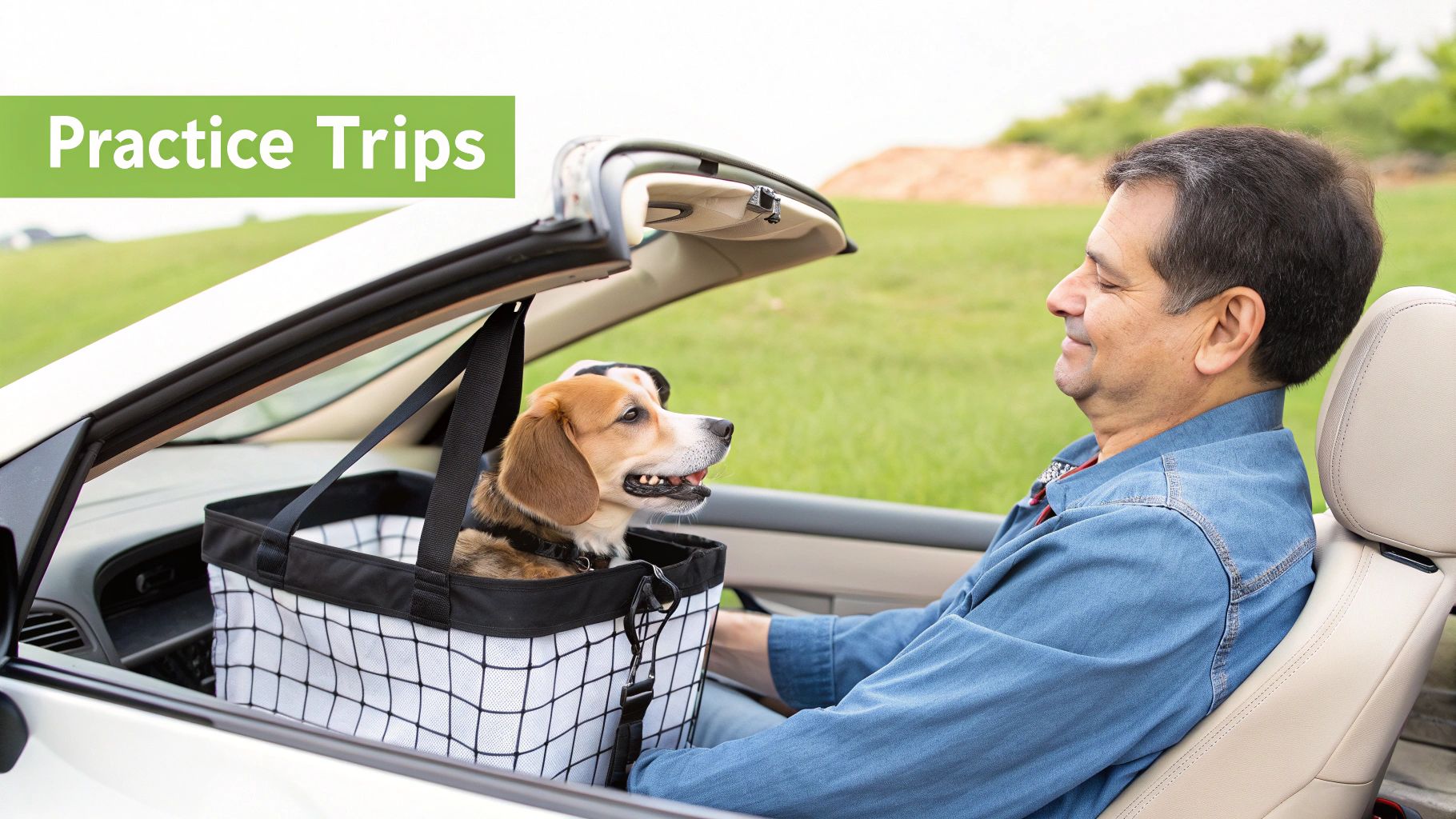 A happy man and his small dog in a car booster seat enjoying a practice trip in a convertible.