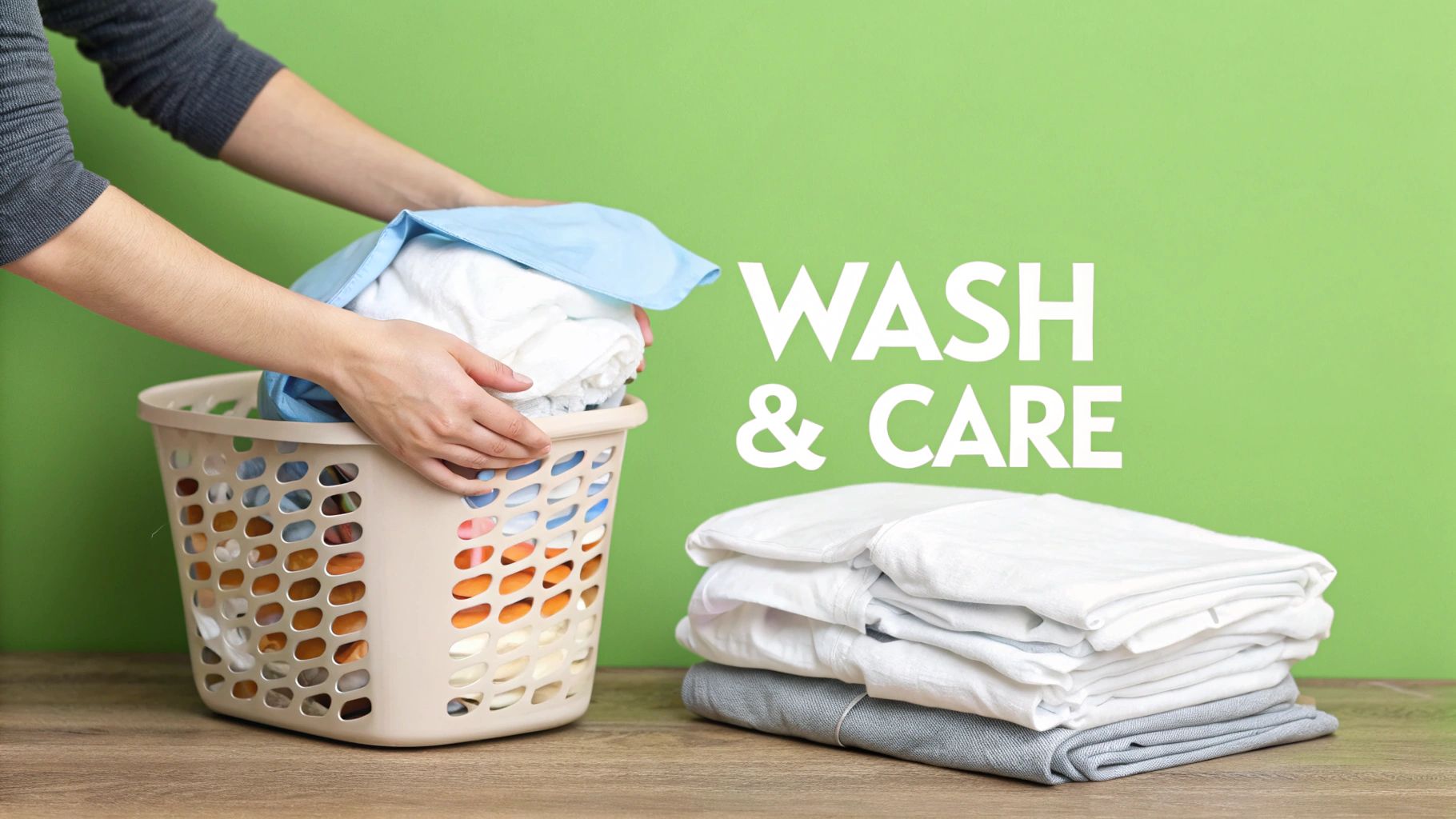 Hands placing clothes into a laundry basket, with neatly folded clean laundry and 'WASH & CARE' text.