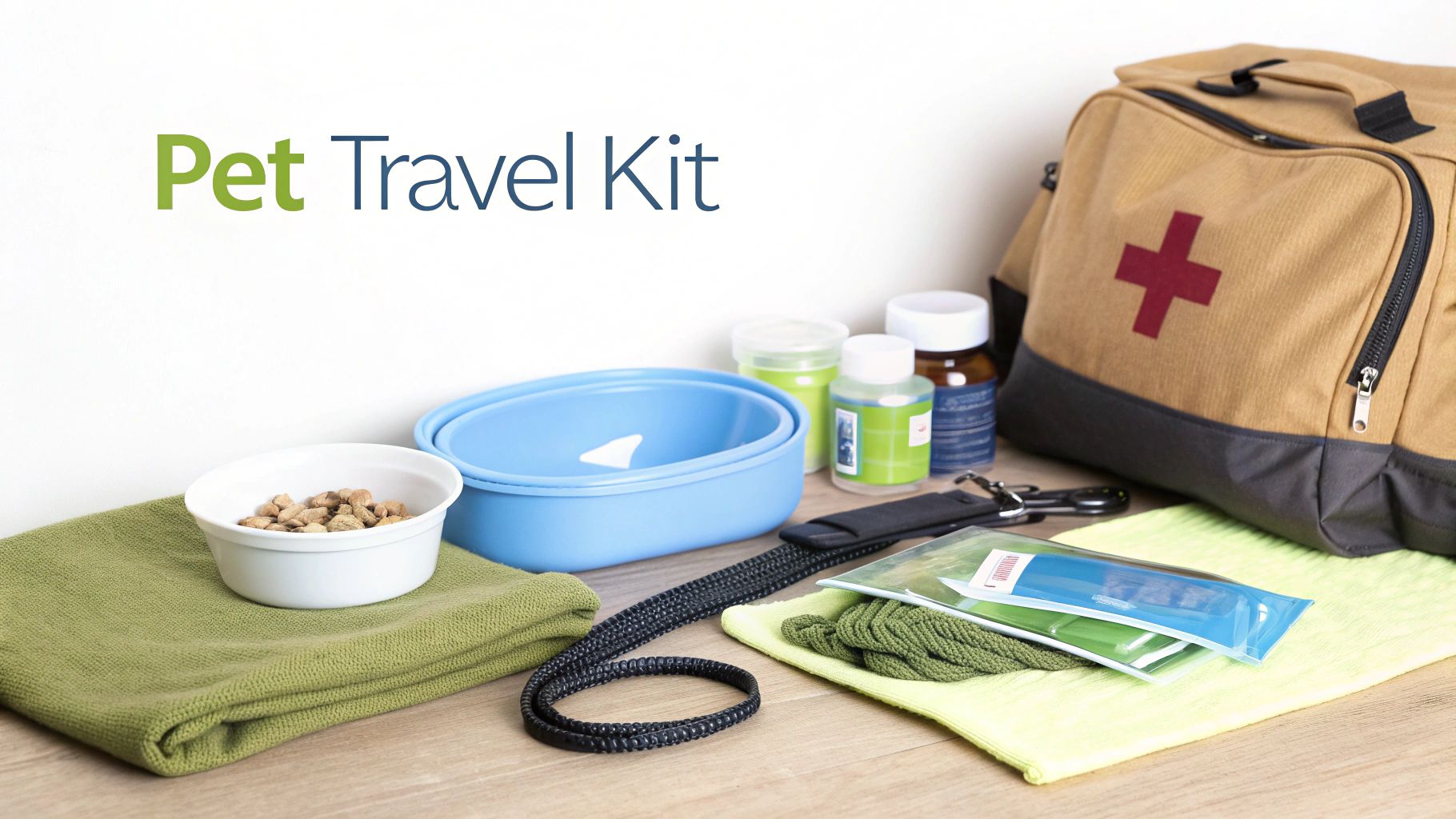 A comprehensive pet travel kit including food, water bowls, leash, medicines, and a first aid bag on a wooden surface.