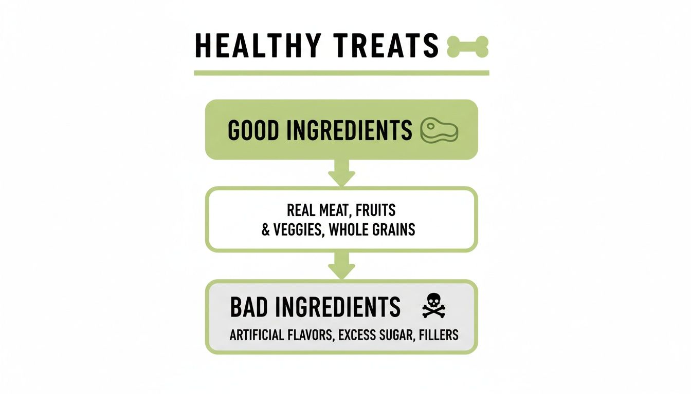 Flowchart comparing good vs. bad healthy dog treat ingredients: real meat, fruits, veggies vs. artificial flavors, sugar.