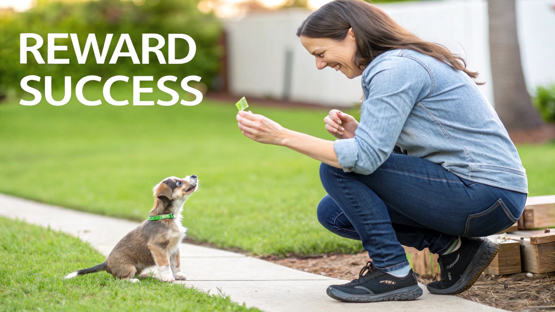 A smiling woman crouches, offering a treat to a small puppy on a sidewalk.