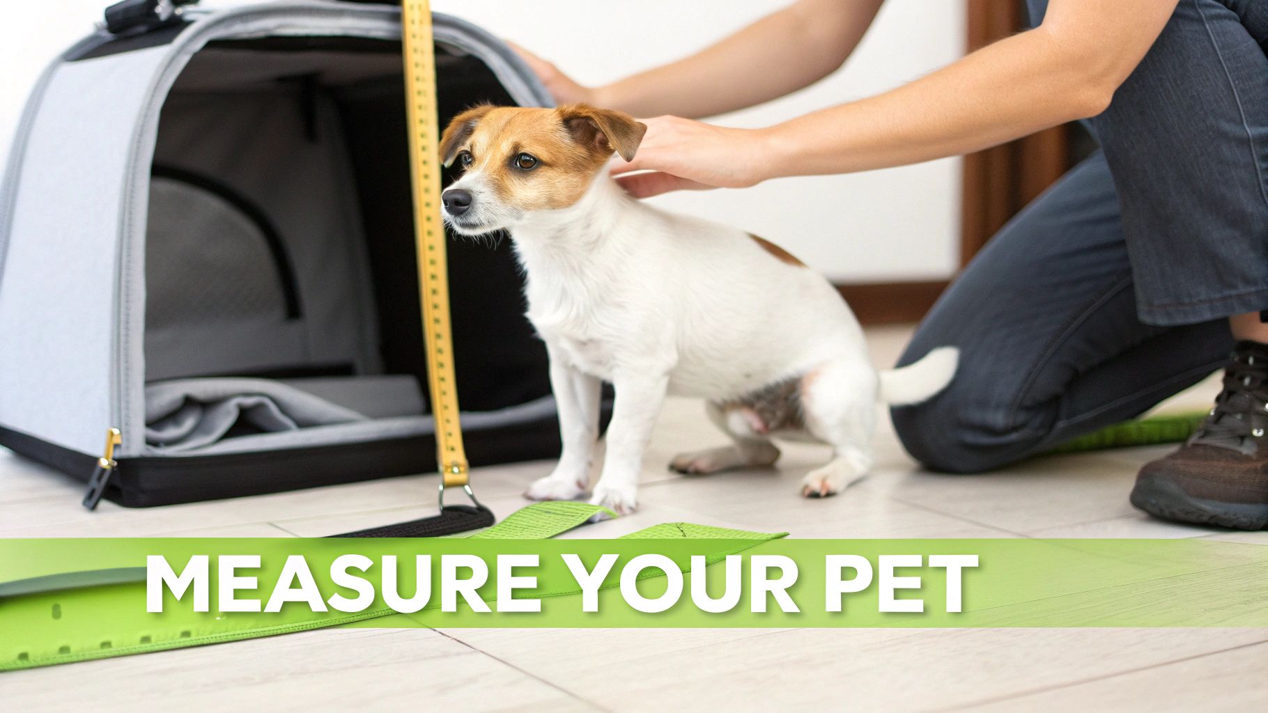 A person measures a small dog with a tape measure next to an open grey pet carrier for travel.