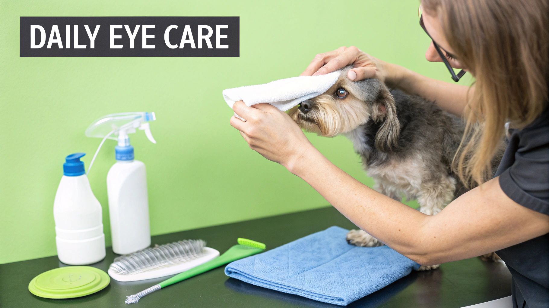 A person gently cleans a small dog's eye with a white towel, demonstrating daily eye care.