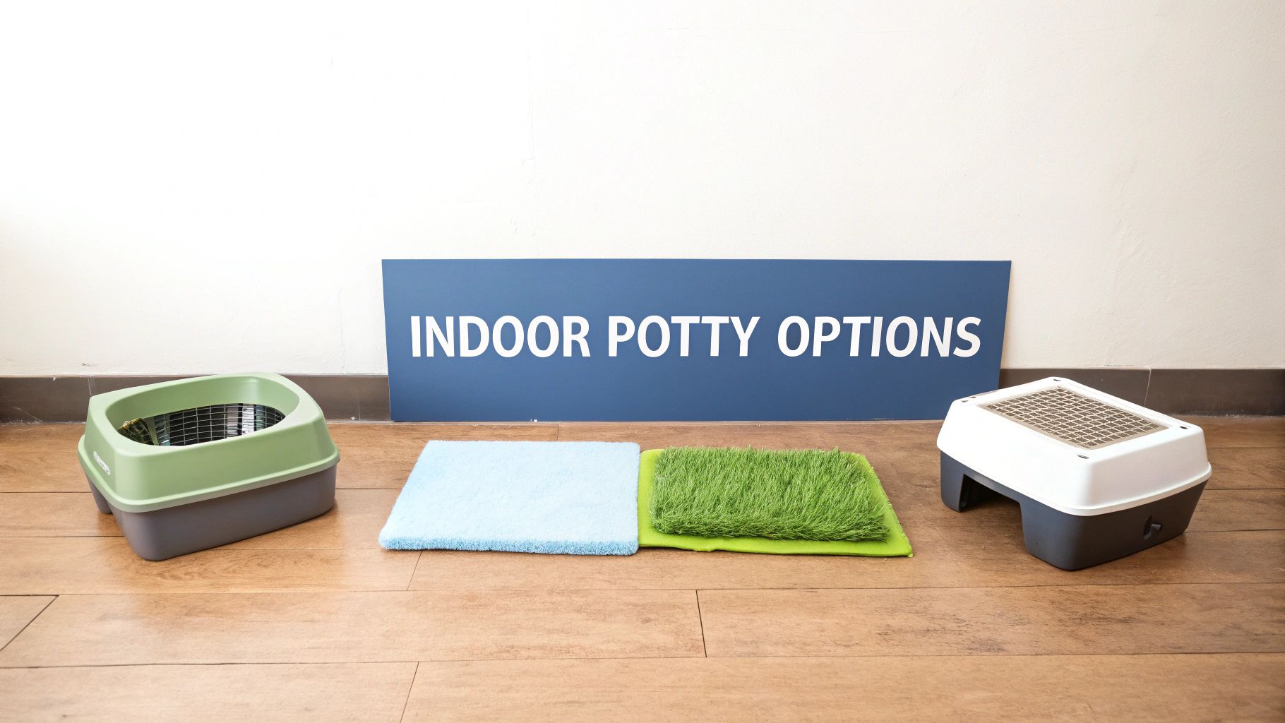Various indoor pet potty training options, including a litter box, a blue pad, and a green grass mat.