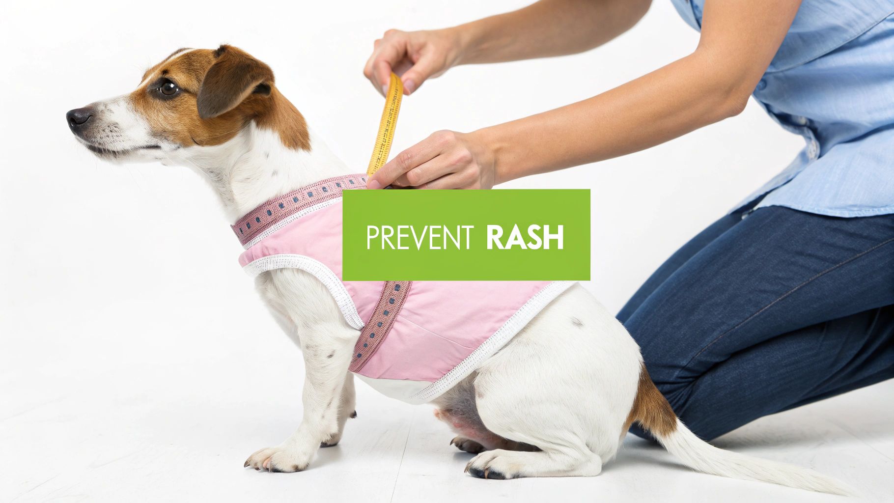 A person measures a Jack Russell Terrier wearing a pink dog diaper, to prevent rash.