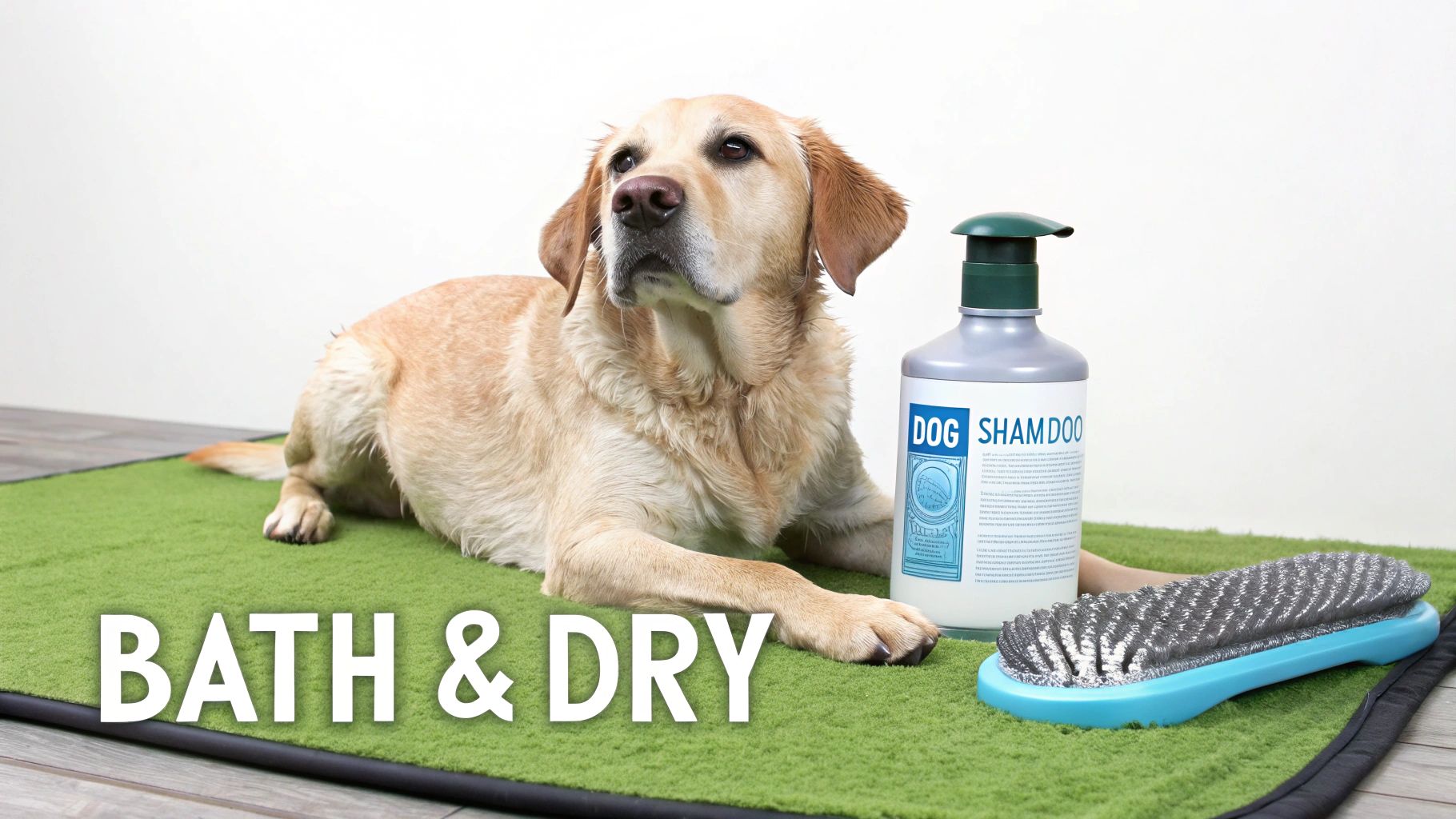 A wet golden retriever dog rests on a green mat with dog shampoo and a grooming brush.