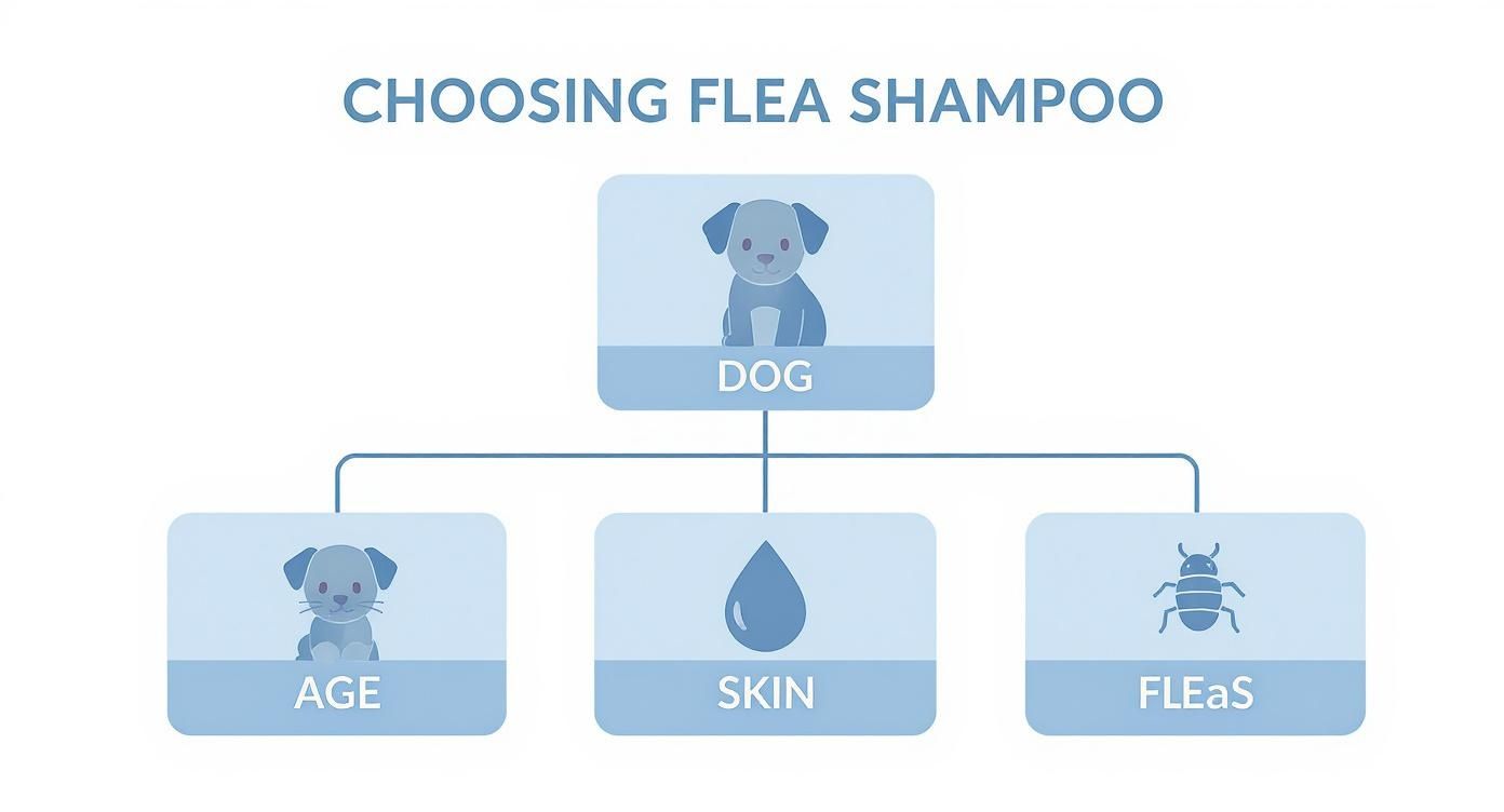 Flowchart showing three factors for choosing flea shampoo for dogs: age, skin type, and fleas