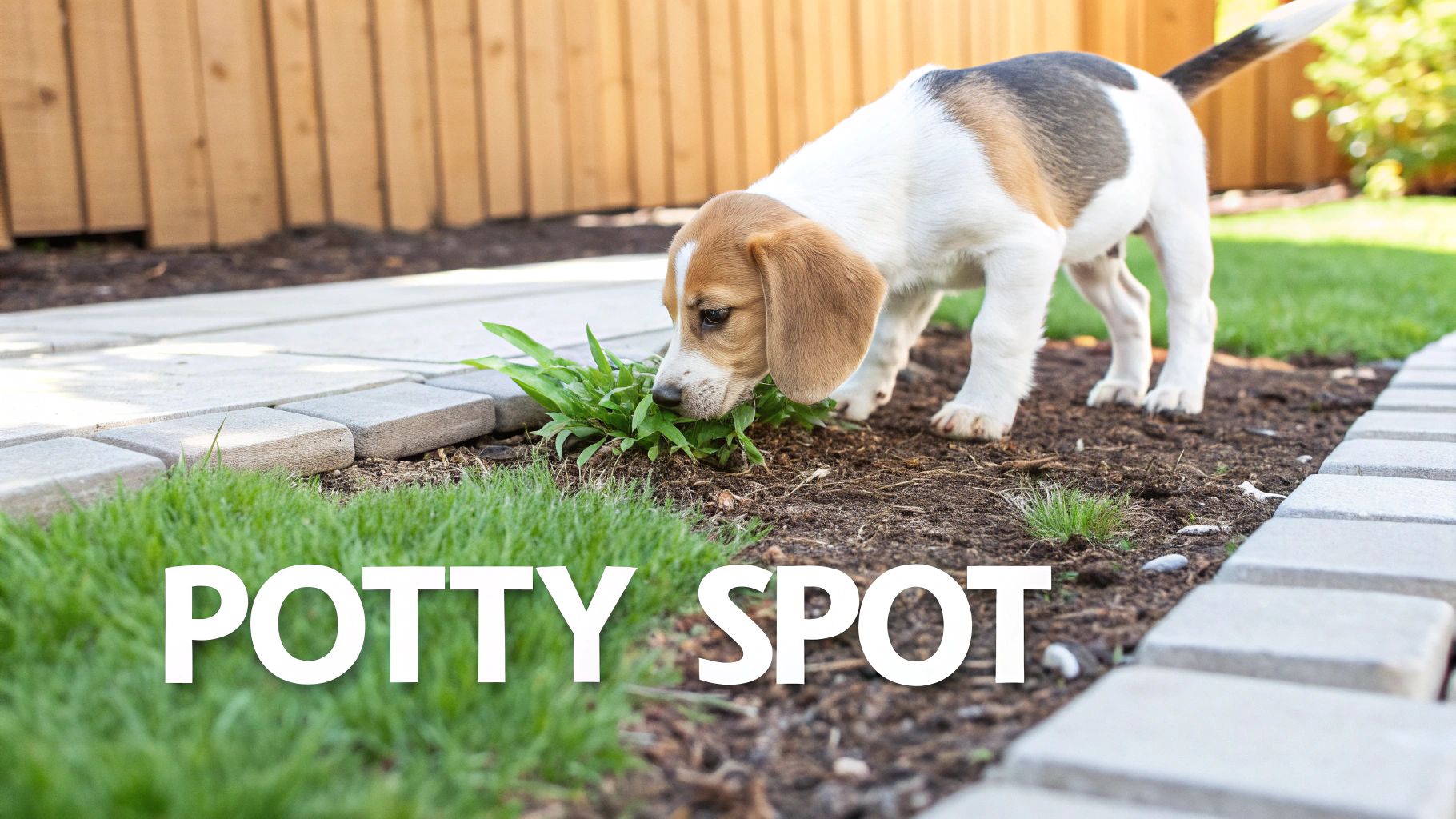 A cute beagle puppy sniffs green plants in a garden, indicating a potty training spot.