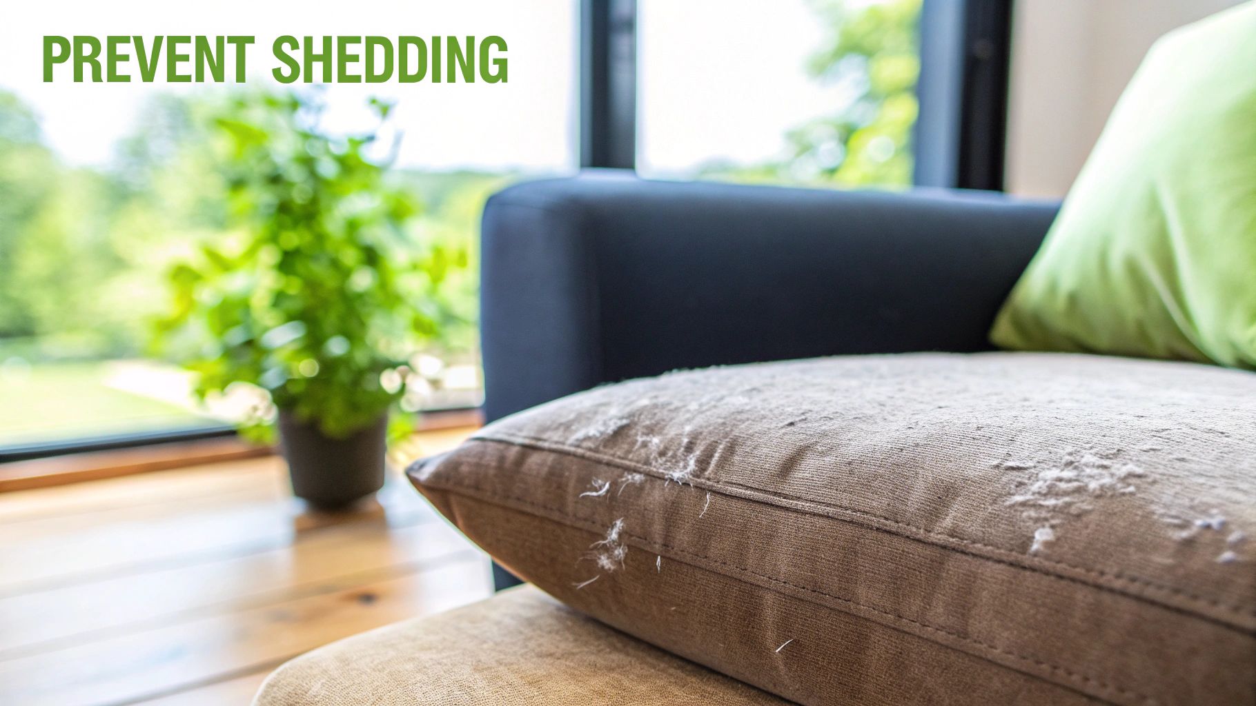 Close-up of a brown couch cushion covered in white pet hair, suggesting shedding.
