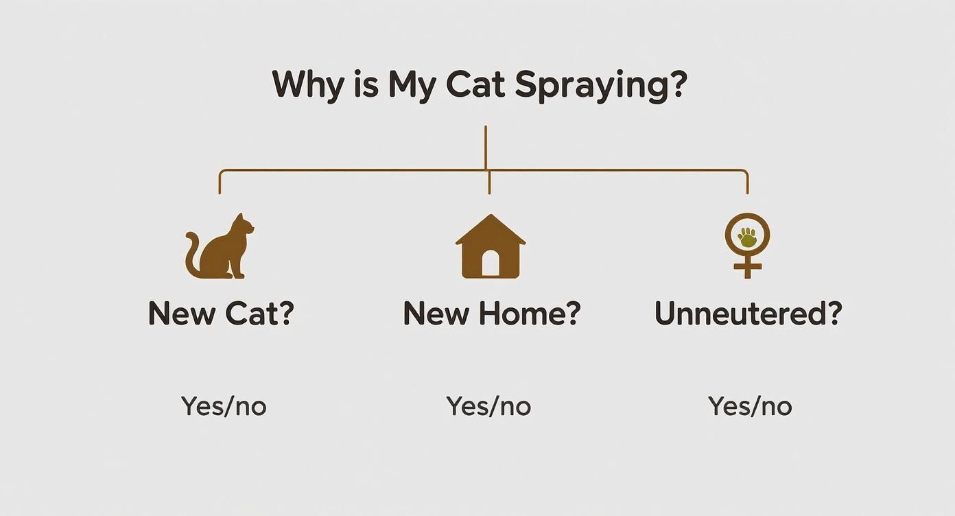 A flowchart asking, "Why is My Cat Spraying?" with three branches: "New Cat?", "New Home?", "Unneutered?".