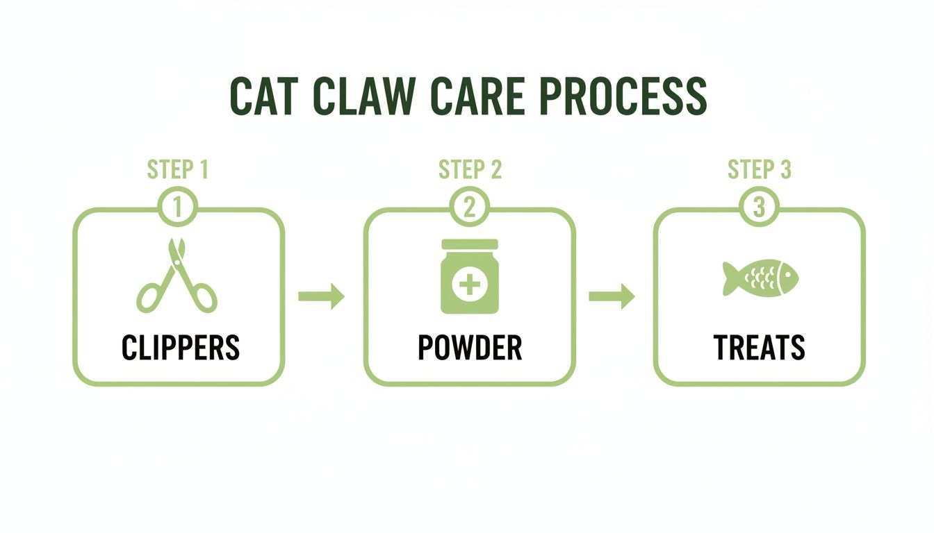 A visual guide illustrating the three-step cat claw care process: clippers, powder, and treats.