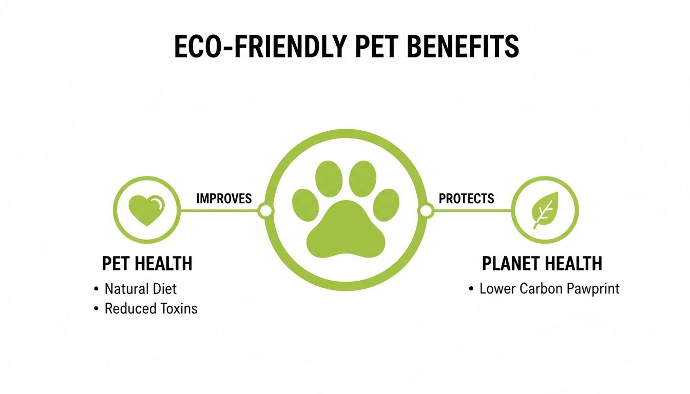 Diagram showing eco-friendly pet benefits, linking pet health (natural diet, reduced toxins) and planet health (lower carbon pawprint).