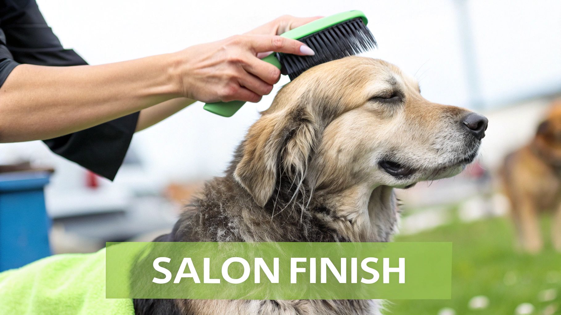 A person gently brushes a fluffy brown dog's head with a green brush, giving a salon finish.