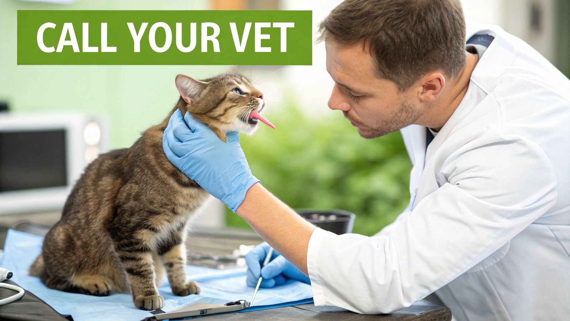 A male veterinarian in blue gloves performs a dental check-up on a tabby cat, holding its head.