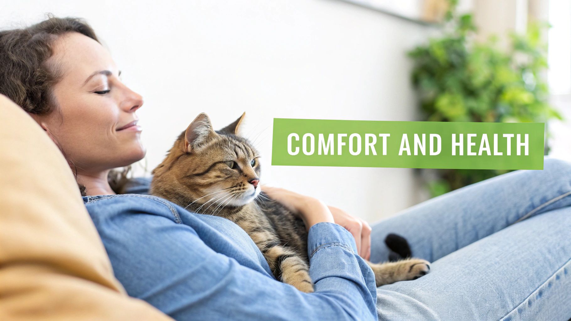 A smiling woman relaxes comfortably on a couch, gently petting her tabby cat. Text: COMFORT AND HEALTH.