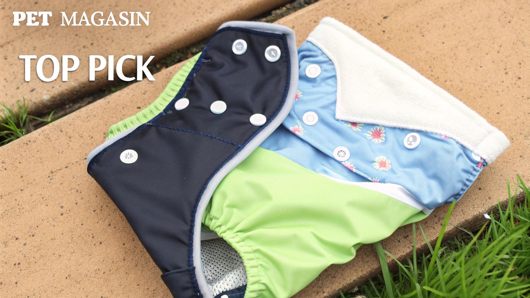 Two colorful reusable pet diapers, one blue floral and one dark blue-green, displayed as a 'Top Pick'.