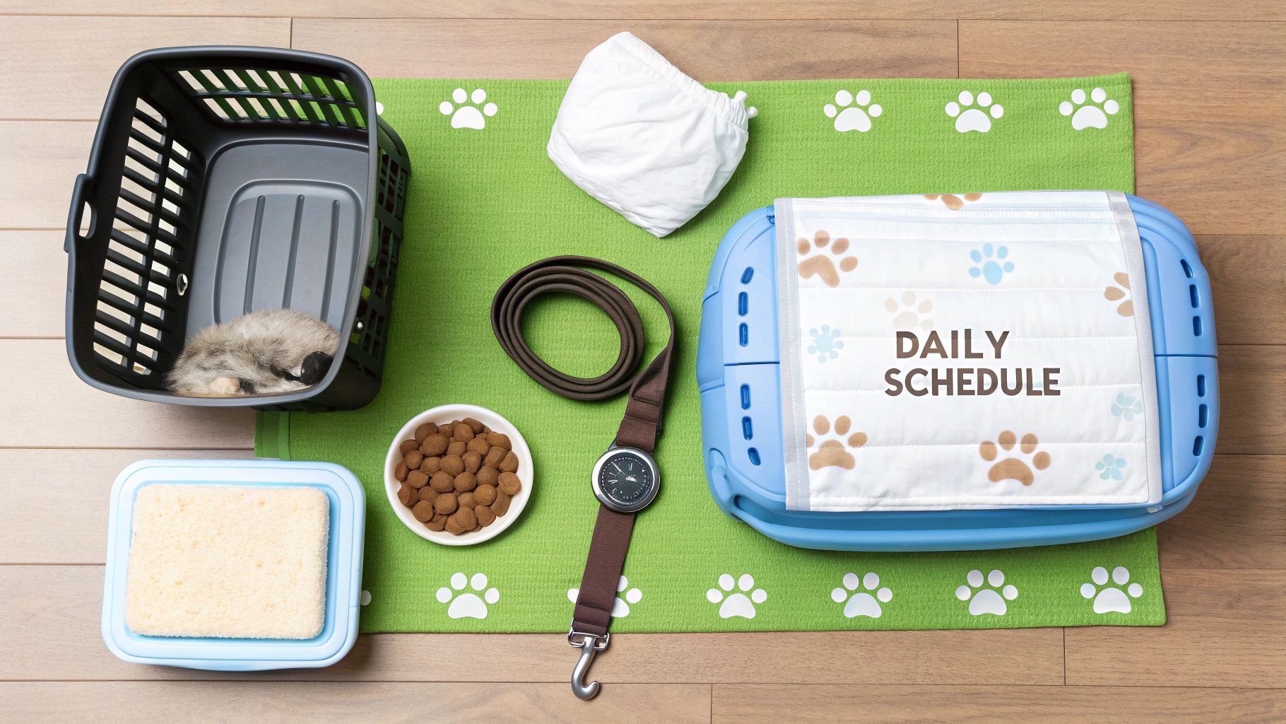 A top-down view of puppy training supplies on a green paw-print mat, with a sleeping puppy.