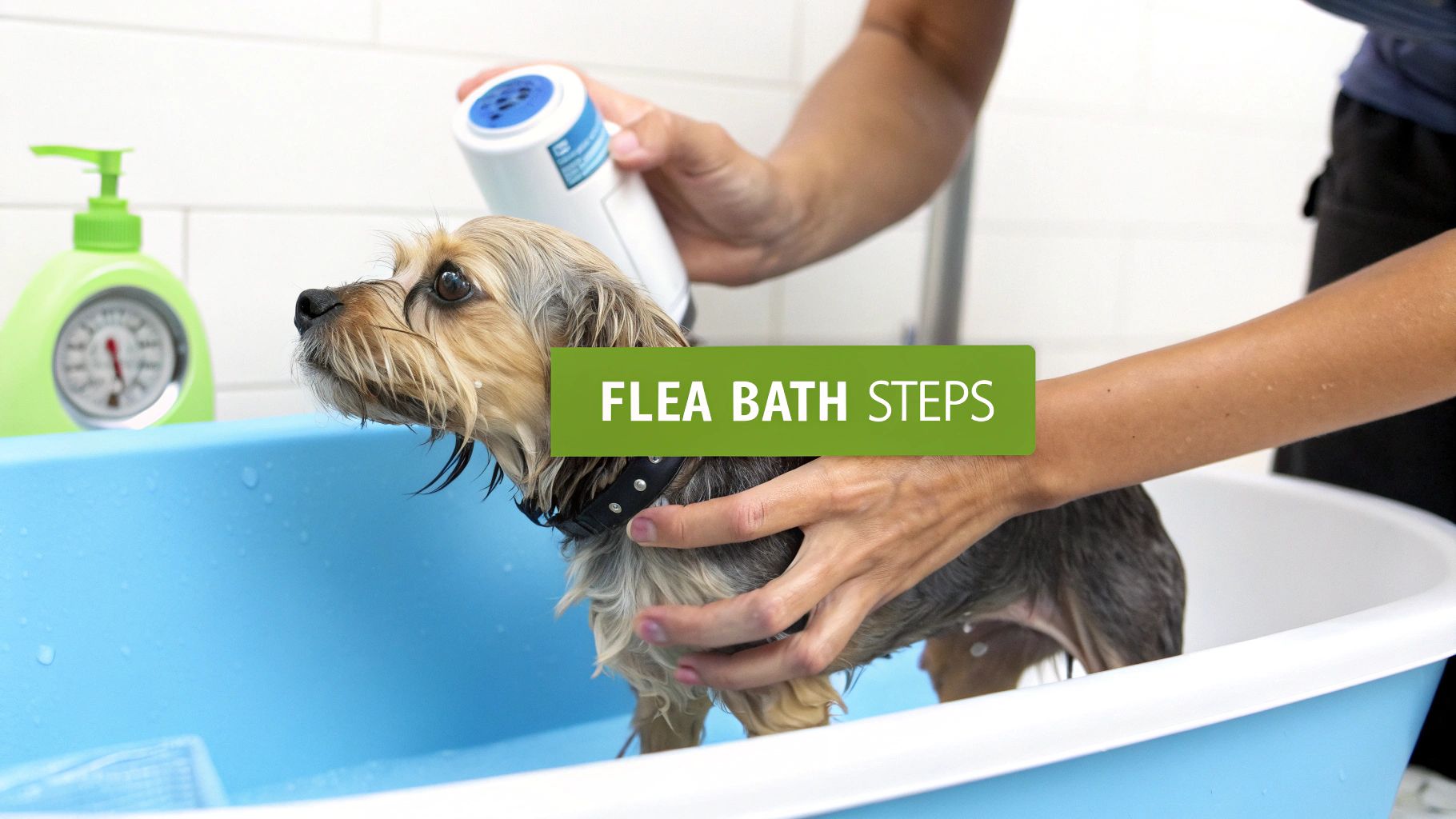 Person applying flea shampoo to small dog during bath treatment in blue tub