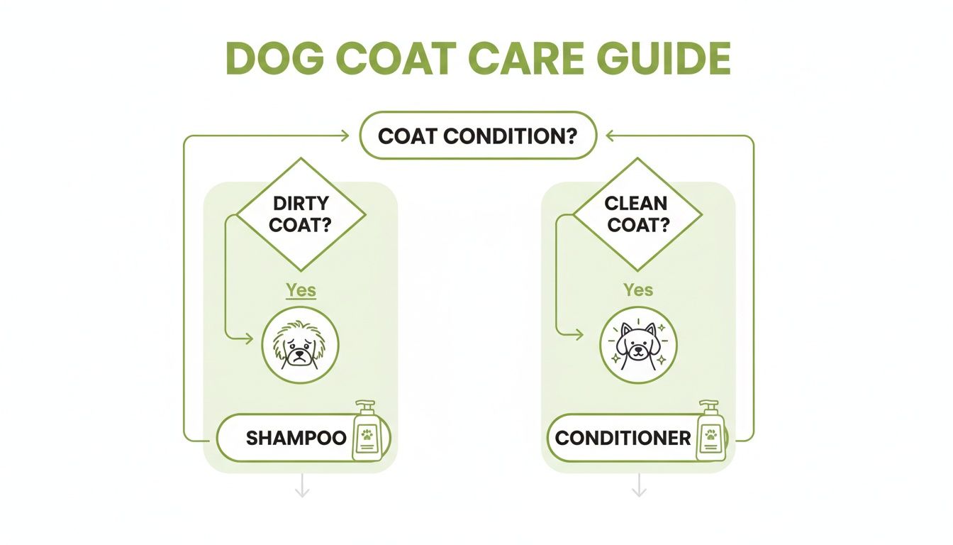 A flowchart titled 'Dog Coat Care Guide' illustrating steps for dirty or clean dog coats, recommending shampoo or conditioner.