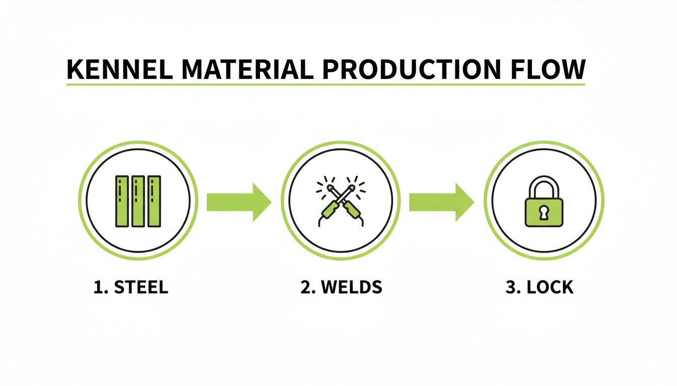 Flowchart illustrating the kennel material production process: steel, welding, and locking stages.