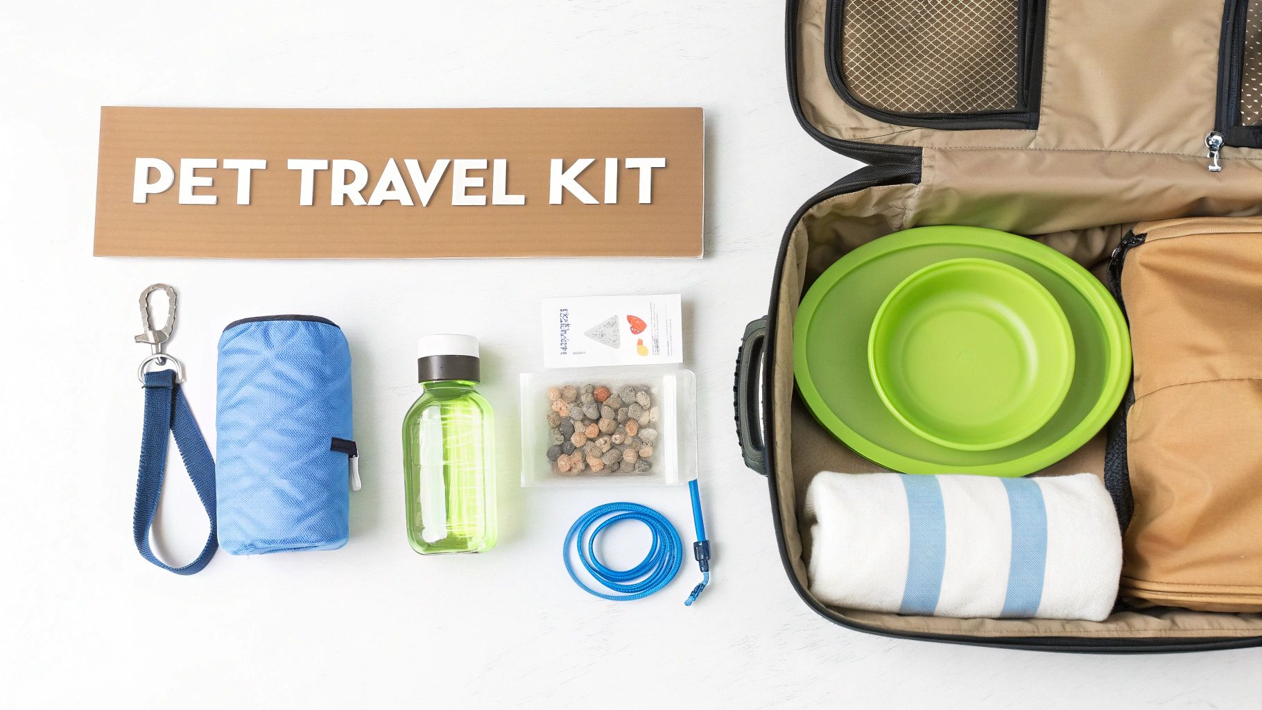 A small dog sitting in a travel carrier next to a packed suitcase.