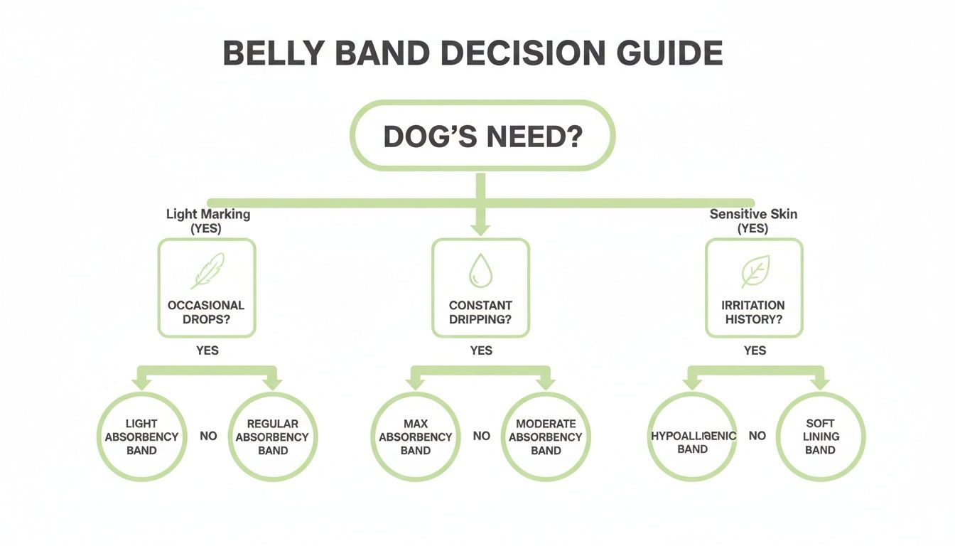 Flowchart guiding the selection of dog belly bands based on absorbency and skin sensitivity.