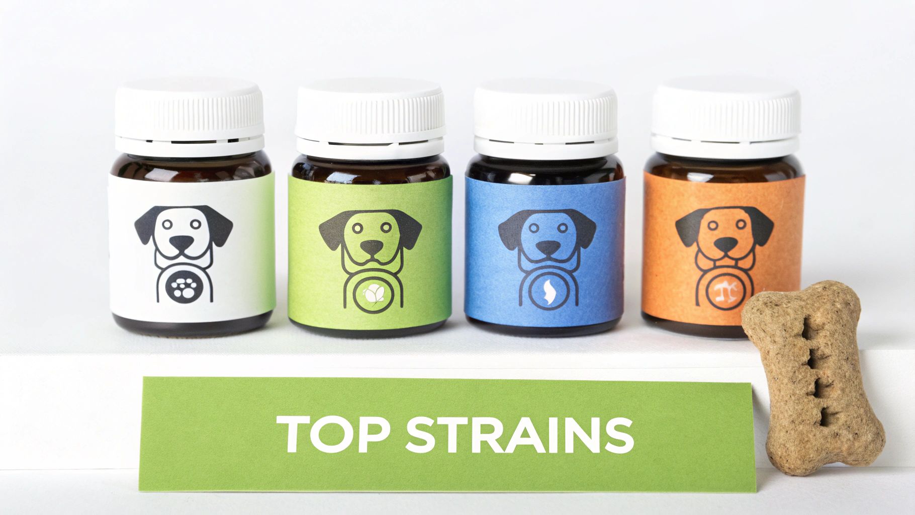 Four small bottles of dog supplements with colorful labels, a 'TOP STRAINS' banner, and a bone-shaped dog treat.