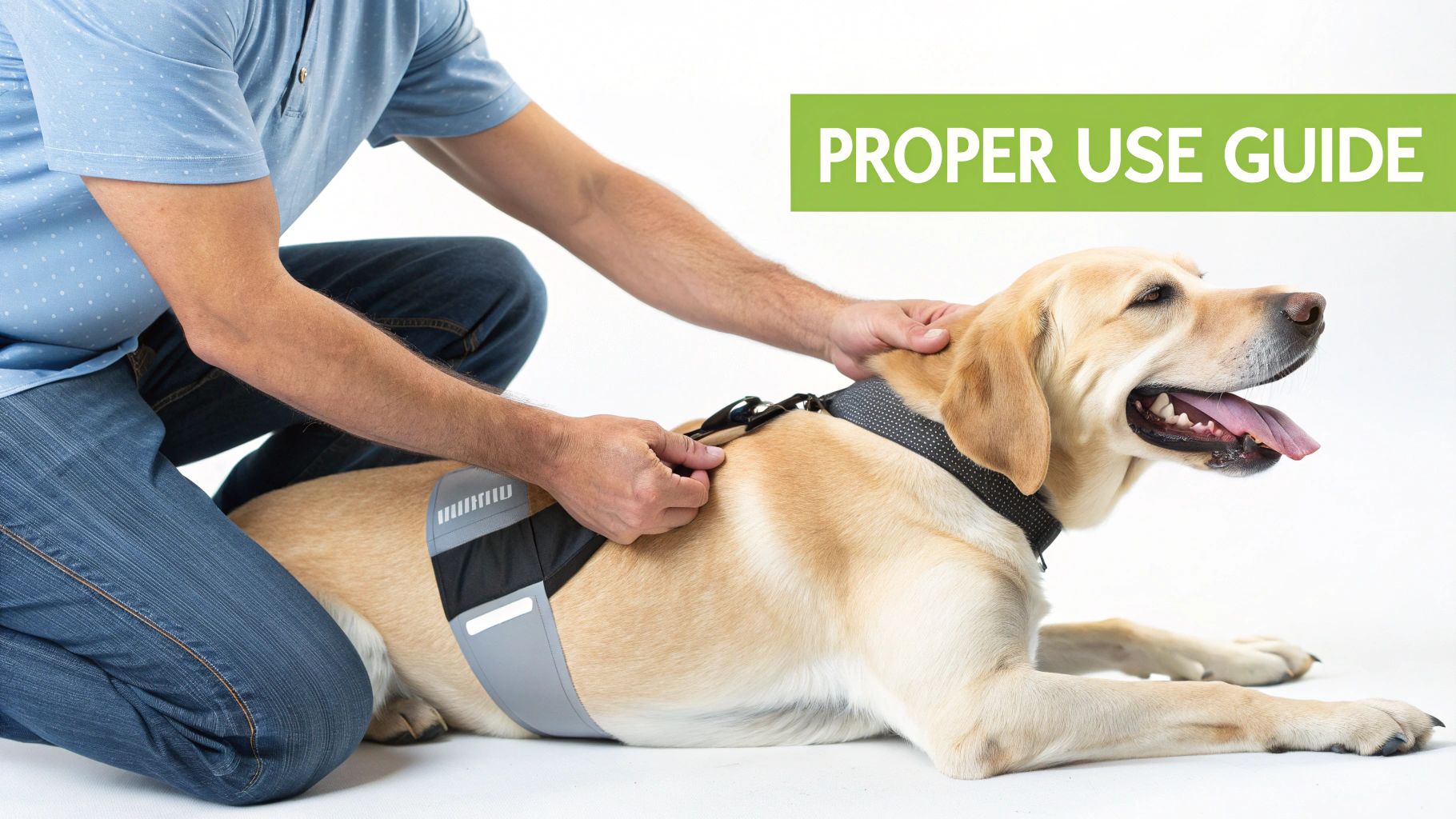 A man fastens a black and grey belly band on a relaxed yellow Labrador, demonstrating proper use.