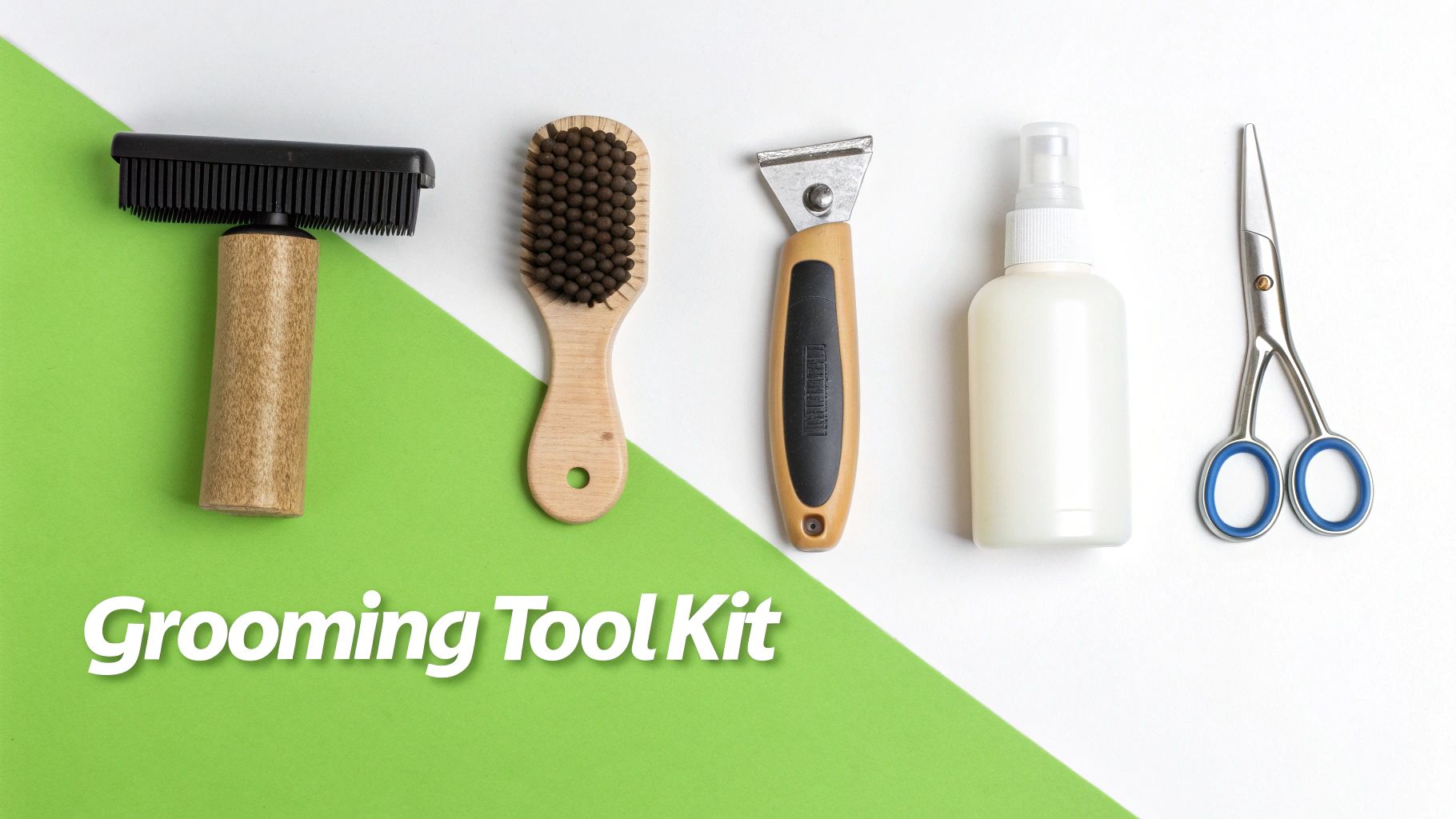 A complete pet grooming tool kit with brushes, scissors, a stripping knife, and a spray bottle.