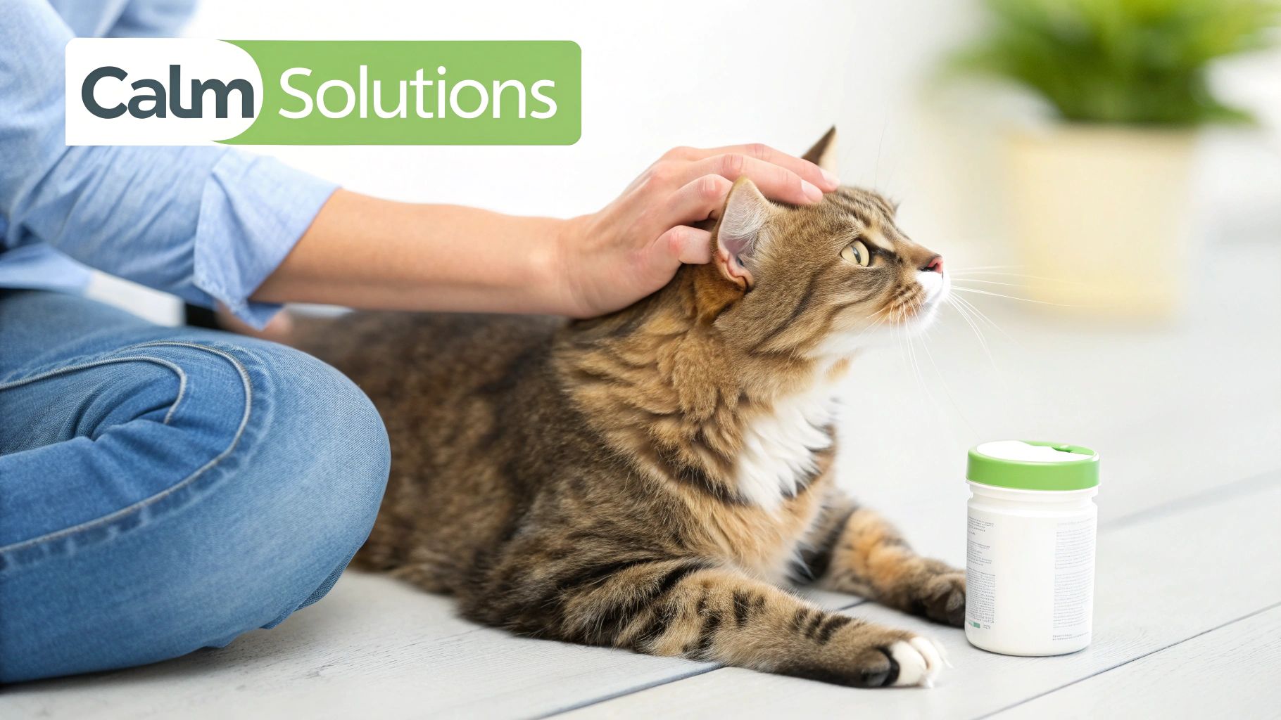 A person gently pets a contented brown tabby cat lying on a light floor, with a Calm Solutions product bottle nearby.