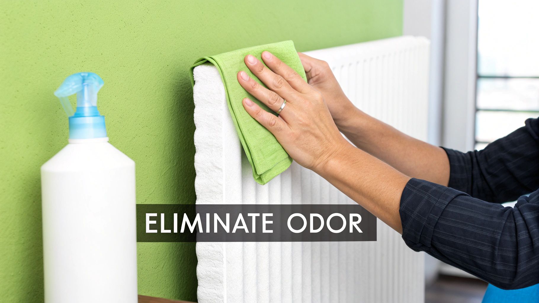A person is cleaning a white radiator with a green cloth. A spray bottle sits nearby.