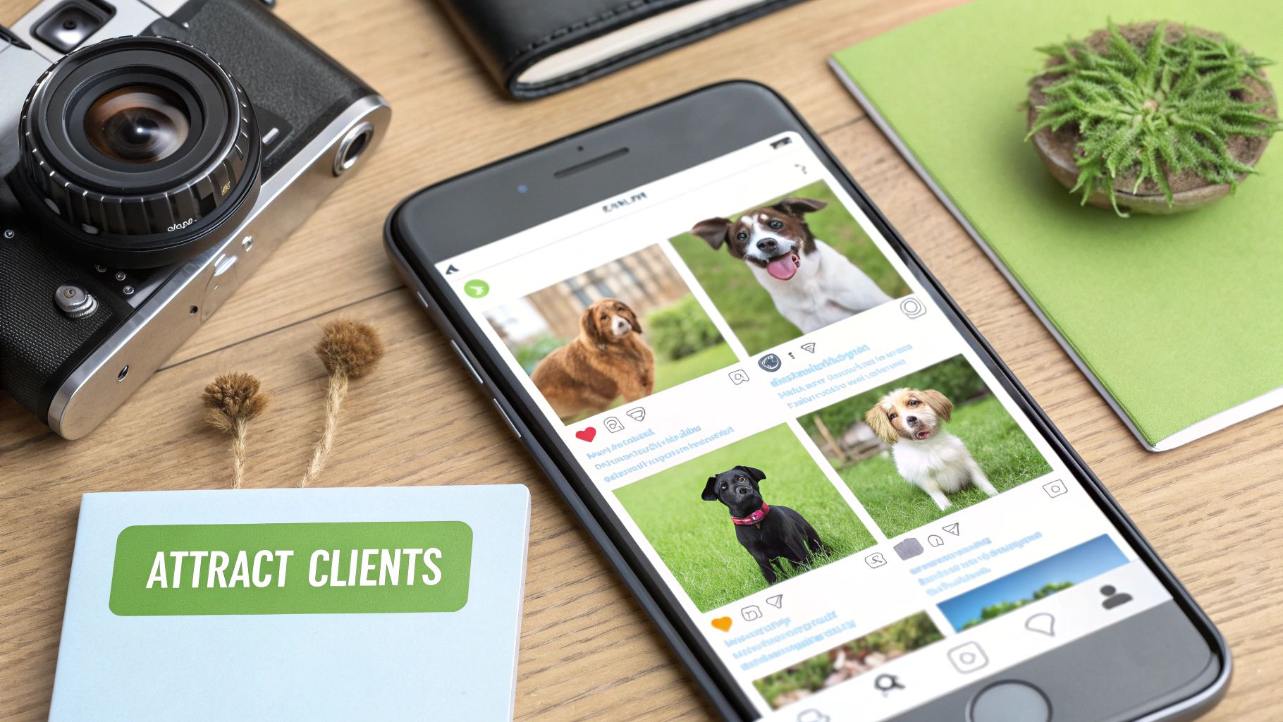 A smartphone displaying a social media feed with multiple dog photos, next to a camera and notebooks.
