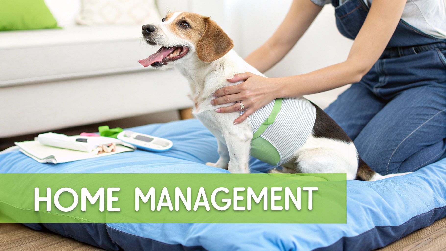 A person gently pets a happy dog wearing a green and white diaper on a blue dog bed.