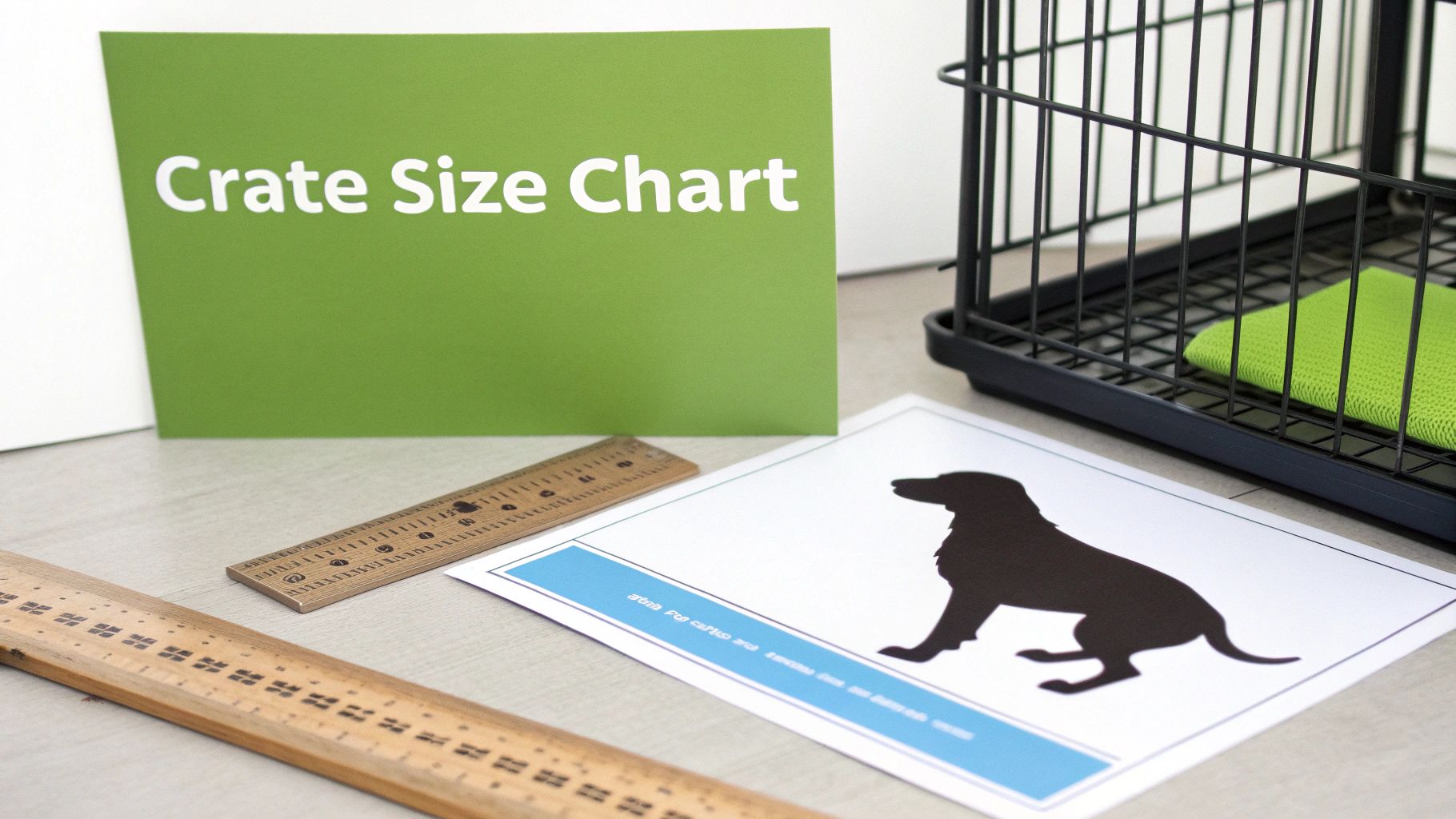 A green 'Crate Size Chart' sign, a black dog crate, and a dog silhouette drawing on a table.