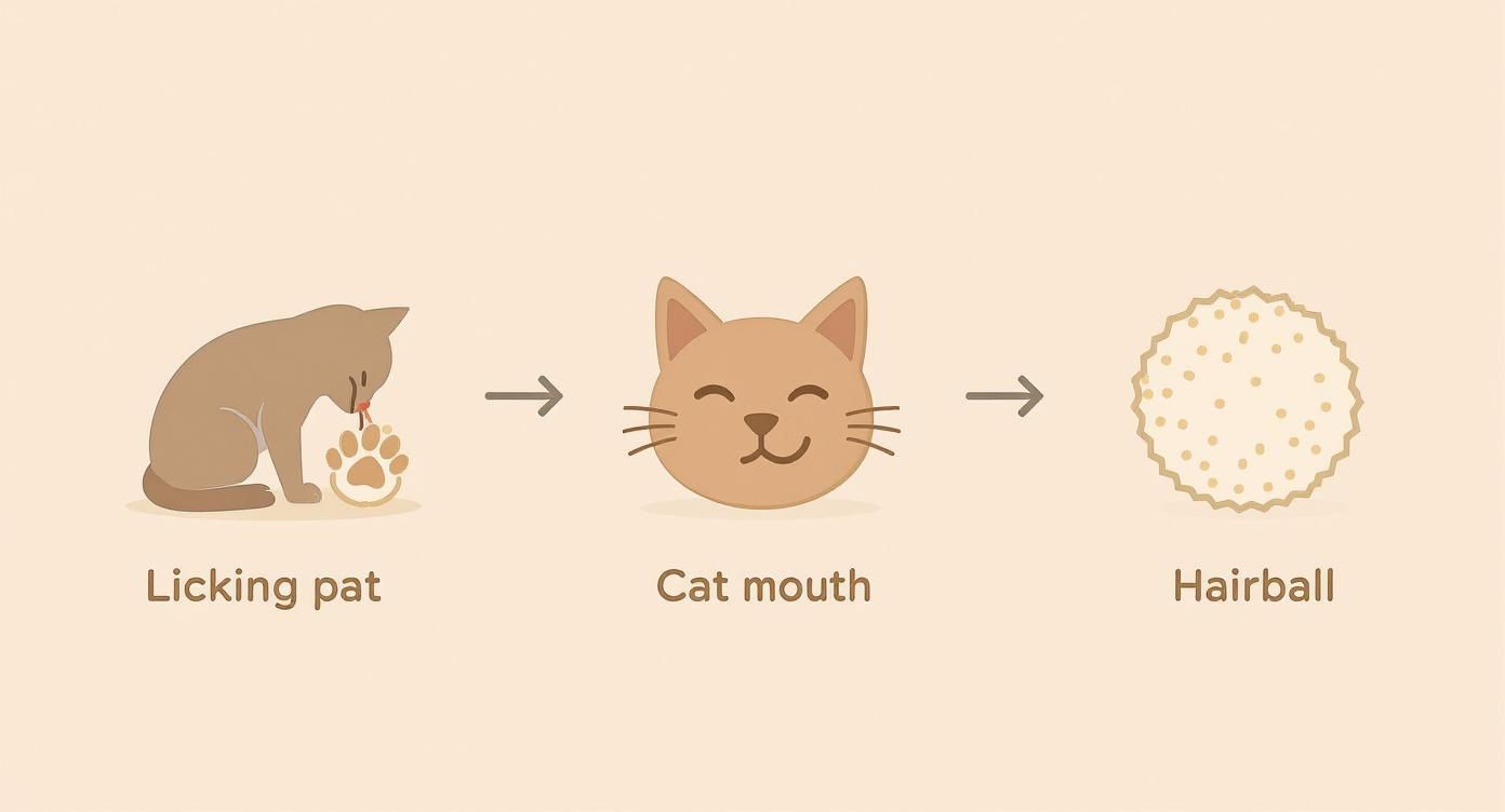 An illustrated sequence showing a cat licking its paw, then ingesting the hair, and finally a hairball.